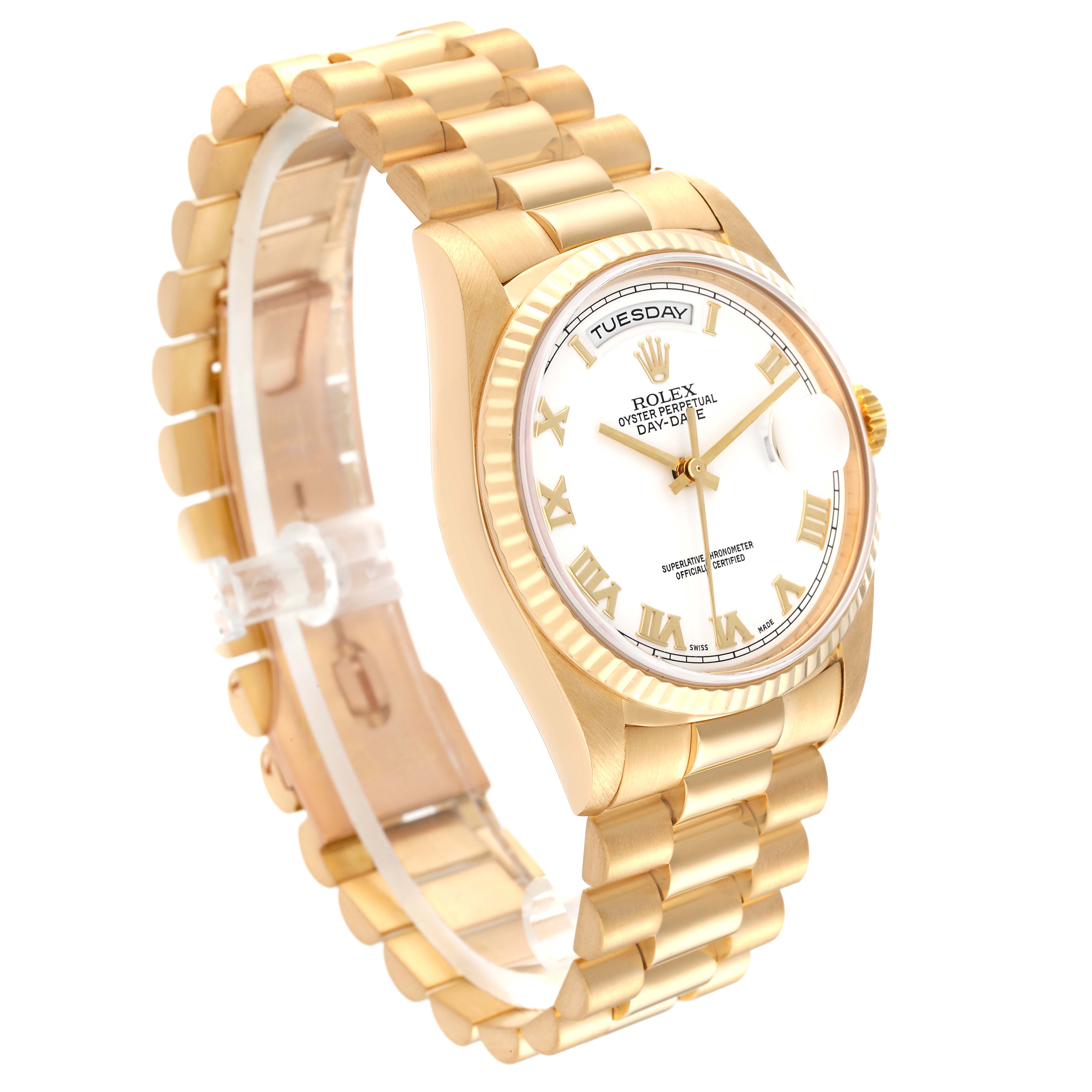 The image displays the front and left side angle of a gold Rolex President 18238 Men's Yellow Gold White Dial 18238 Men's Yellow Gold White Dial model watch, showing the bracelet, dial, and crown.