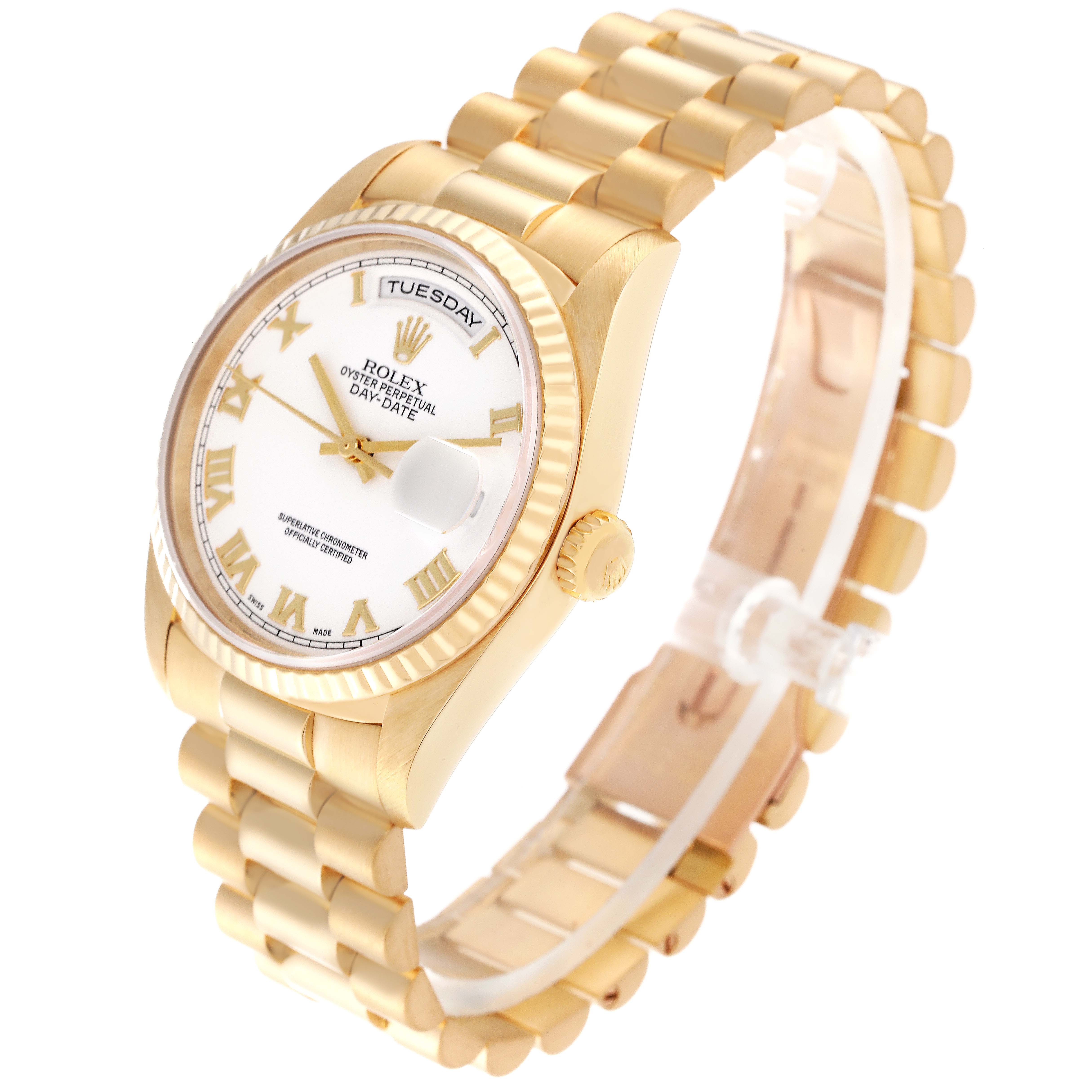 The image shows a Rolex President 18238 Men's Yellow Gold White Dial 18238 Men's Yellow Gold White Dial watch at a three-quarter angle, displaying its gold bracelet, white dial, and day-date functions.