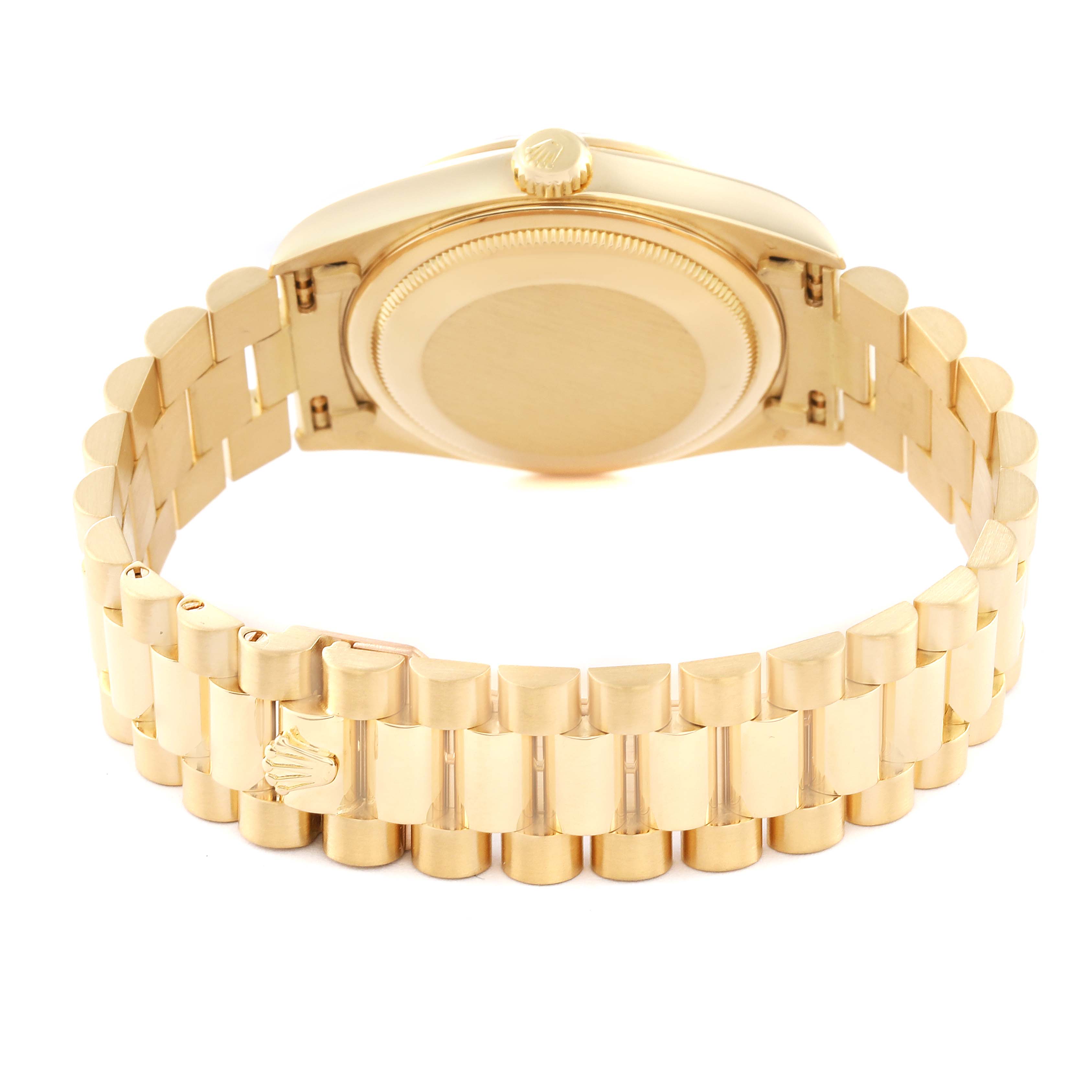 This image shows the backside and bracelet of a Rolex President 18238 Men's Yellow Gold White Dial 18238 Men's Yellow Gold White Dial model watch from a rear angle.