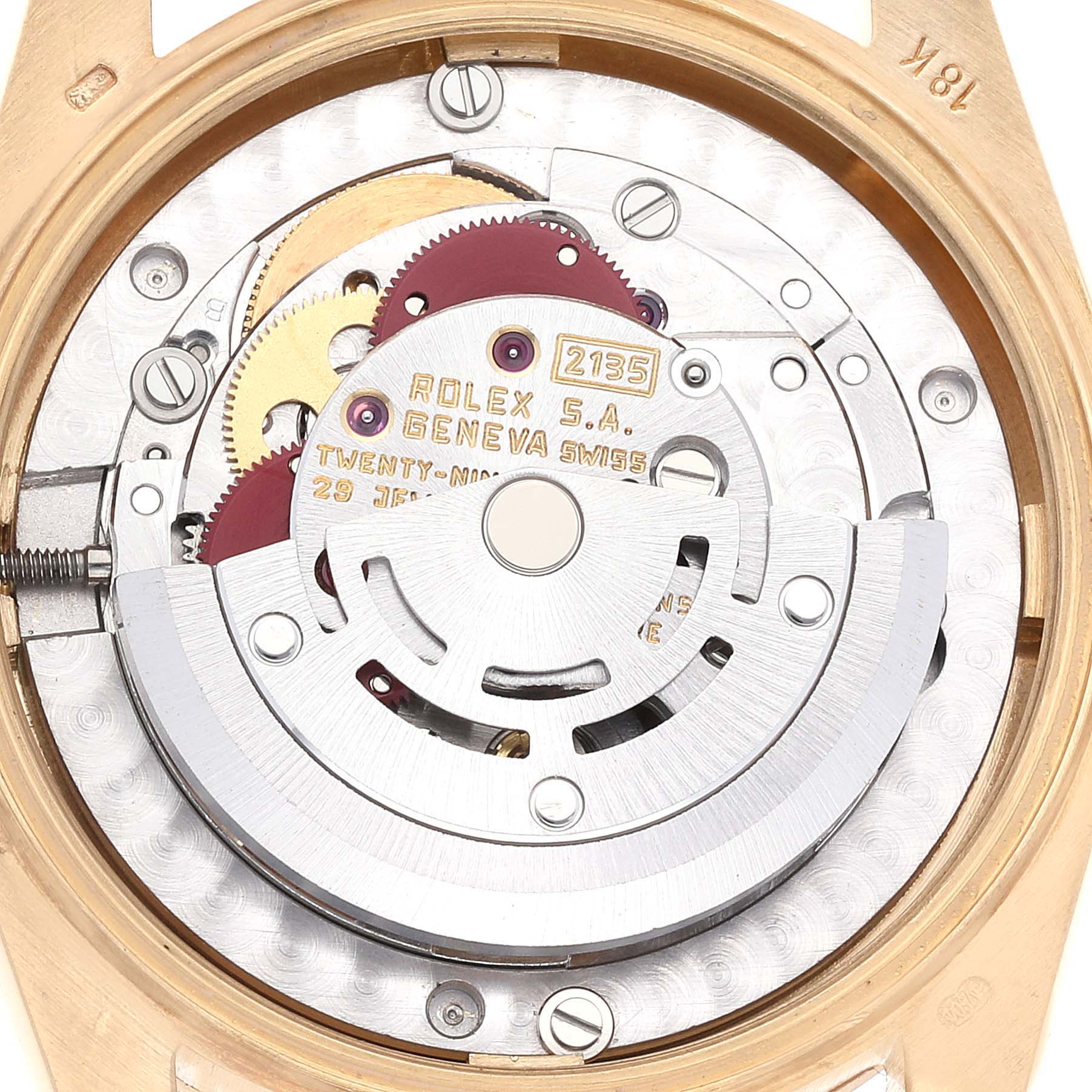 This image shows the movement mechanism of a Rolex President 68278 Women
s Yellow Gold Champagne Dial 68278 Women
s Yellow Gold Champagne Dial watch, highlighting parts like gears and the rotor.