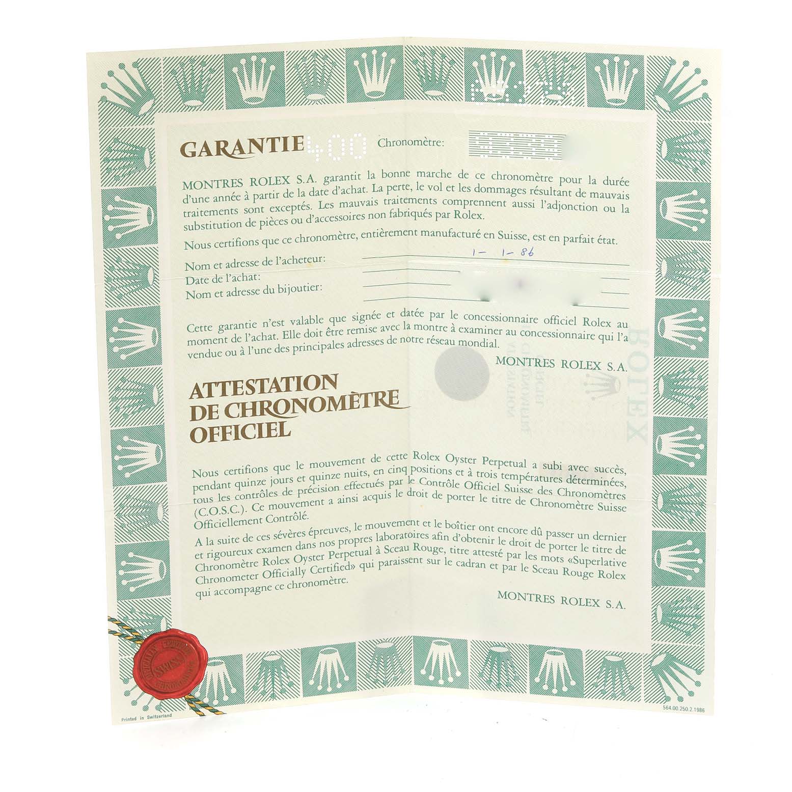 The image shows the certification and warranty documentation for a Rolex President 68278 Women
s Yellow Gold Champagne Dial 68278 Women
s Yellow Gold Champagne Dial model watch.