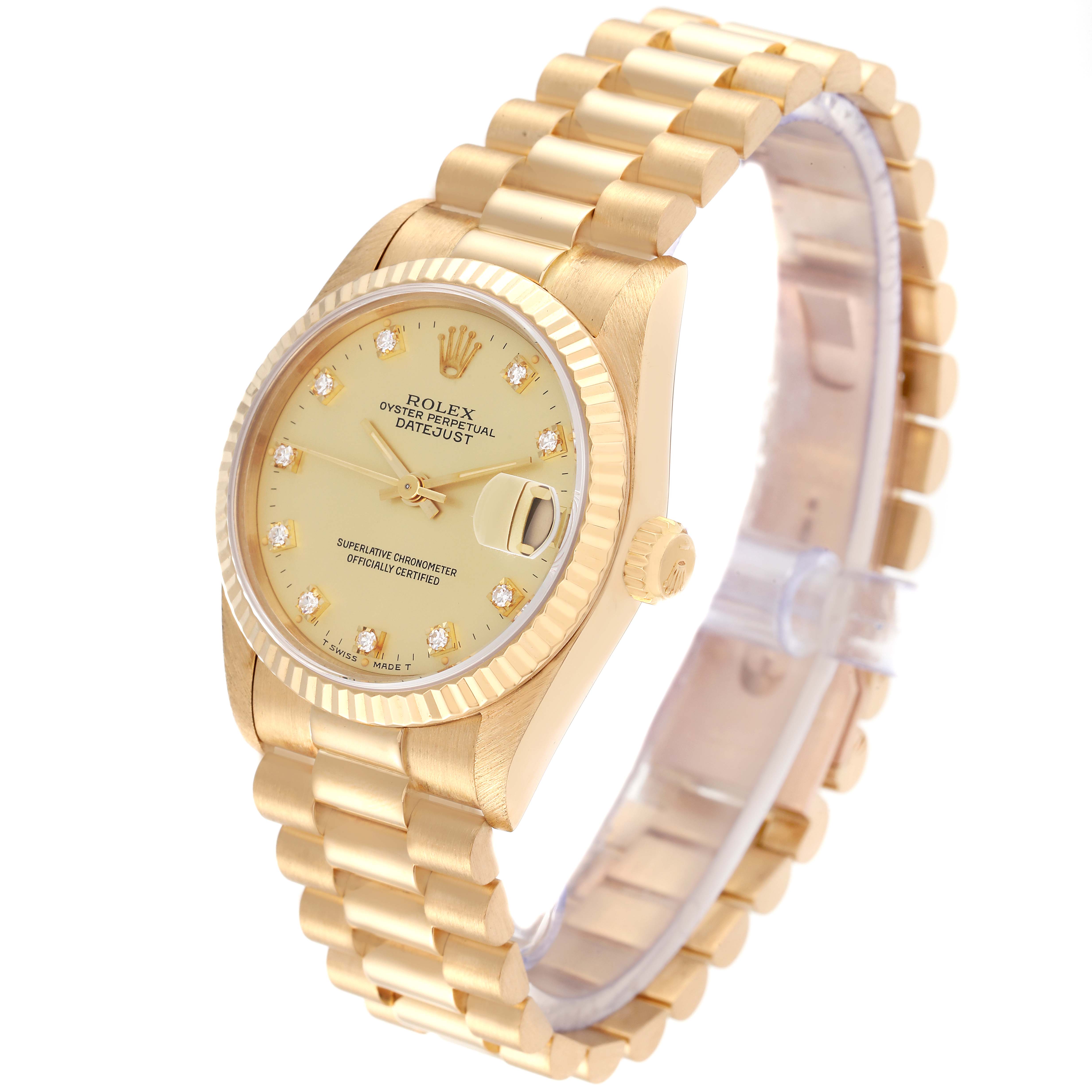 This image shows a Rolex President 68278 Women
s Yellow Gold Champagne Dial 68278 Women
s Yellow Gold Champagne Dial model watch at a slight angle, highlighting its gold band, dial, and crown.