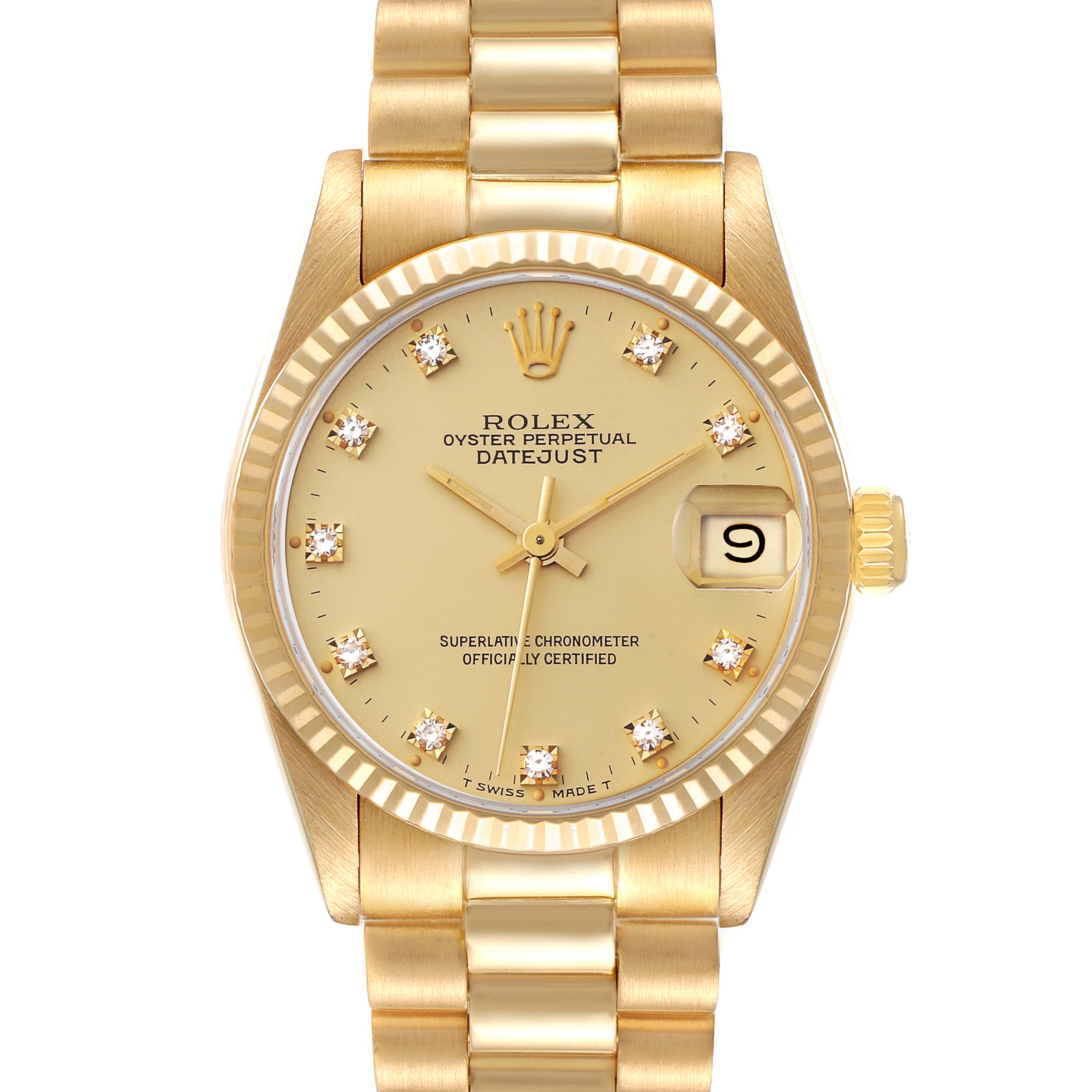 This image shows a Rolex President 68278 Women
s Yellow Gold Champagne Dial 68278 Women
s Yellow Gold Champagne Dial Datejust watch from a front angle, highlighting the face, bezel, crown, and bracelet.