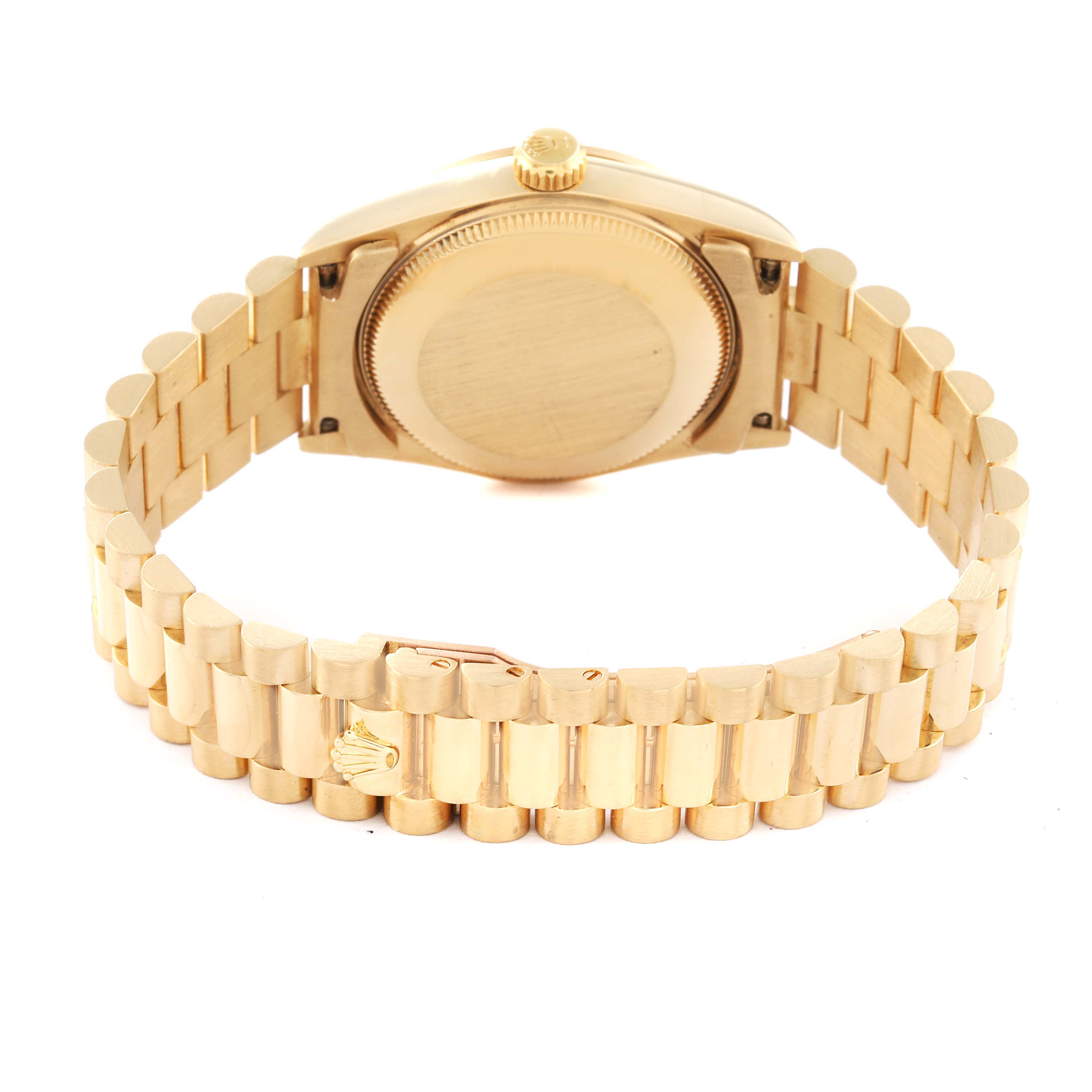 The image shows the back view of a Rolex President 68278 Women
s Yellow Gold Champagne Dial 68278 Women
s Yellow Gold Champagne Dial model watch, featuring its case back and gold bracelet.