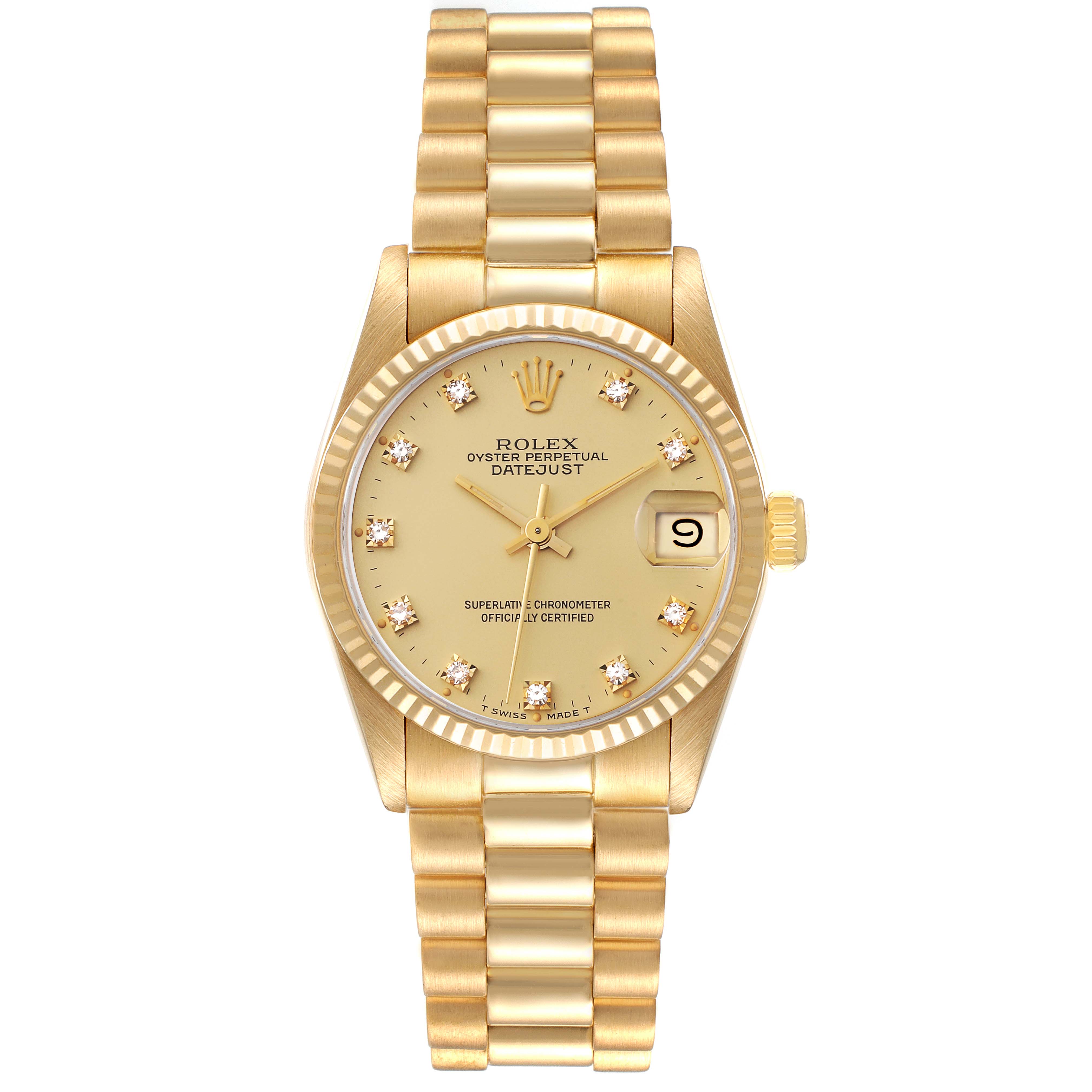 This image shows a frontal view of the Rolex President 68278 Women
s Yellow Gold Champagne Dial 68278 Women
s Yellow Gold Champagne Dial model watch, displaying the dial, bracelet, and date window.