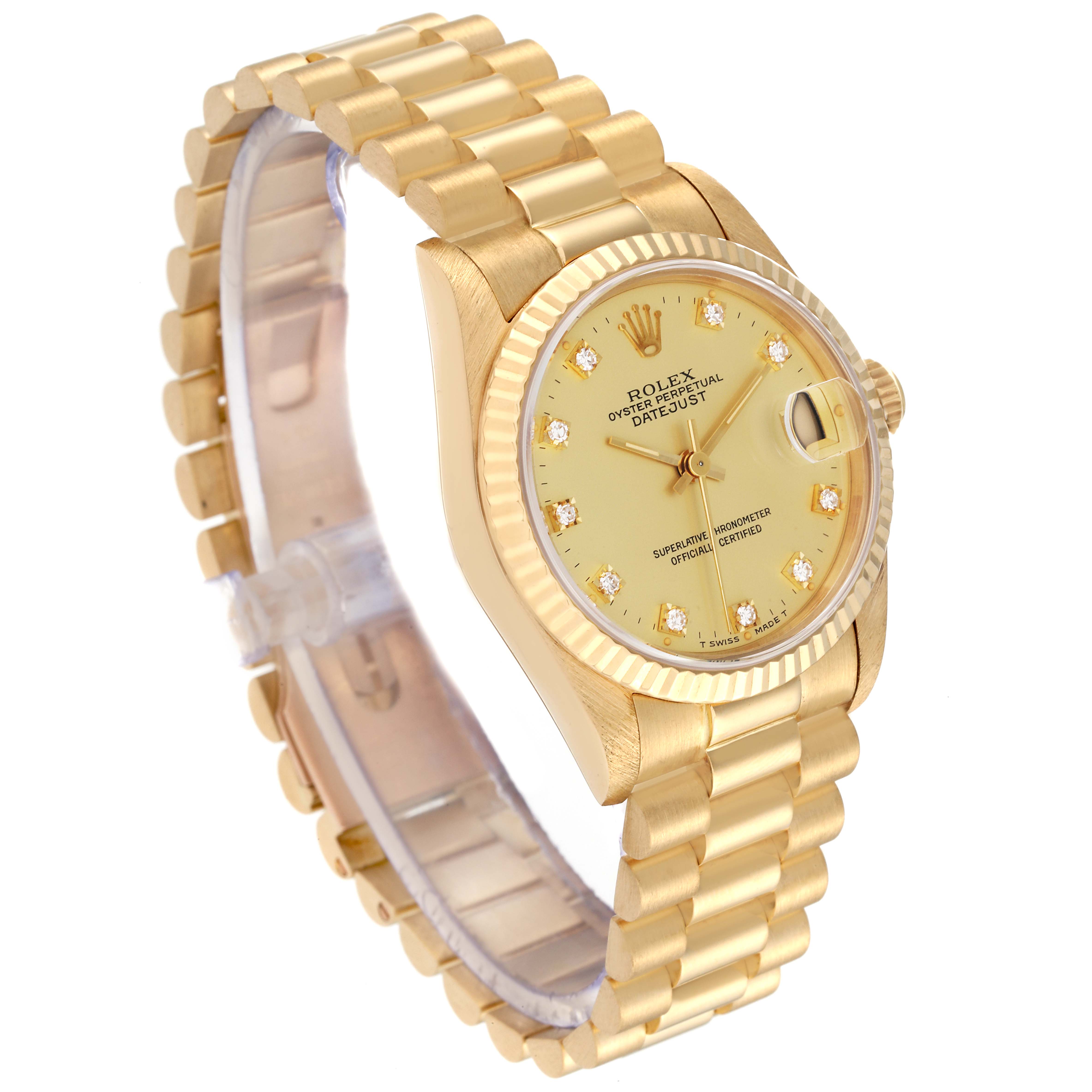 This image shows a gold Rolex President 68278 Women
s Yellow Gold Champagne Dial 68278 Women
s Yellow Gold Champagne Dial model watch angled to display its face, bracelet, and fluted bezel.