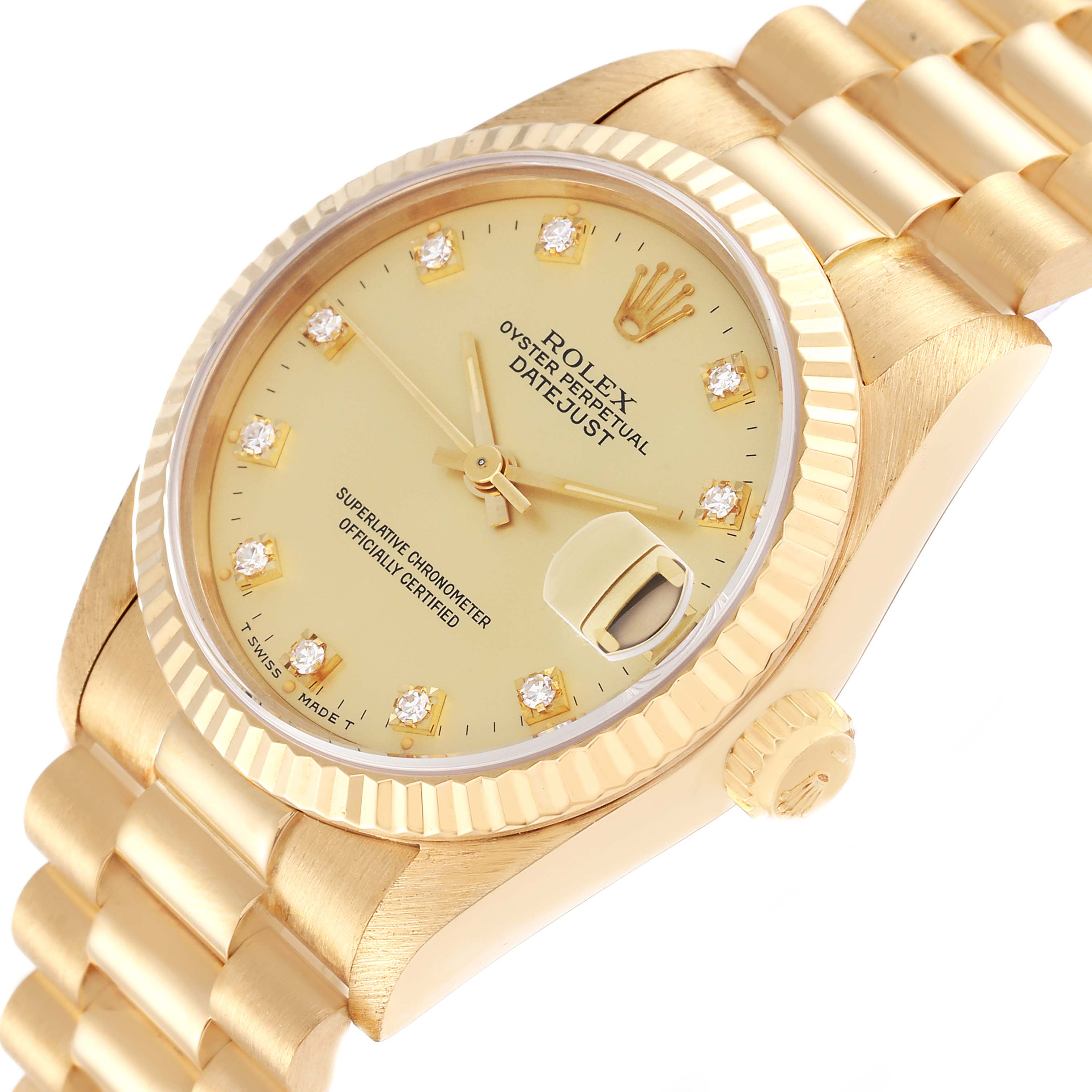 The Rolex President 68278 Women
s Yellow Gold Champagne Dial 68278 Women
s Yellow Gold Champagne Dial model watch is shown at a slight angle, highlighting the dial, bracelet, and crown.