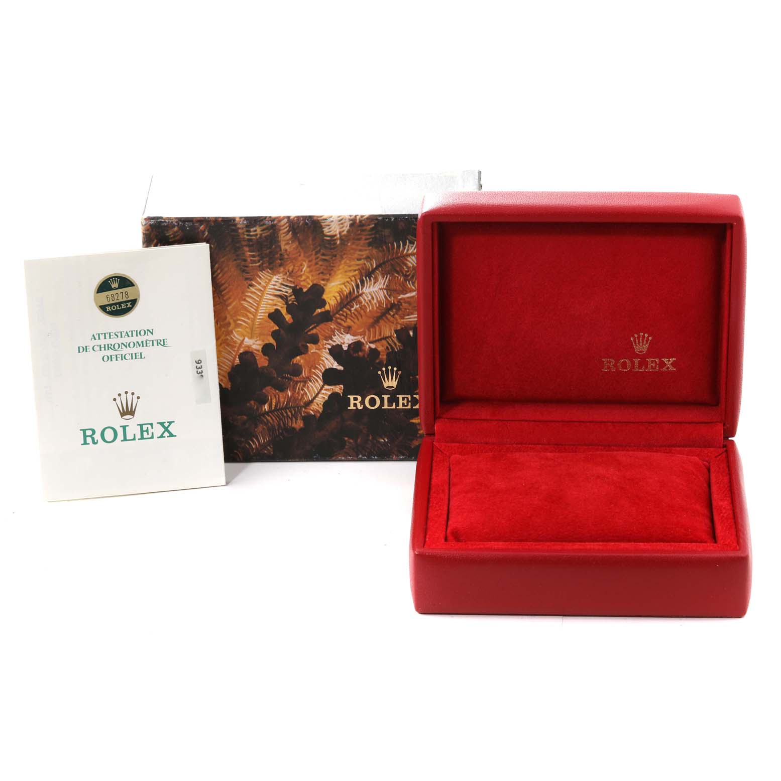 This image shows an empty Rolex President 68278 Women
s Yellow Gold Champagne Dial 68278 Women
s Yellow Gold Champagne Dial watch box, an outer box, and an official certification booklet.