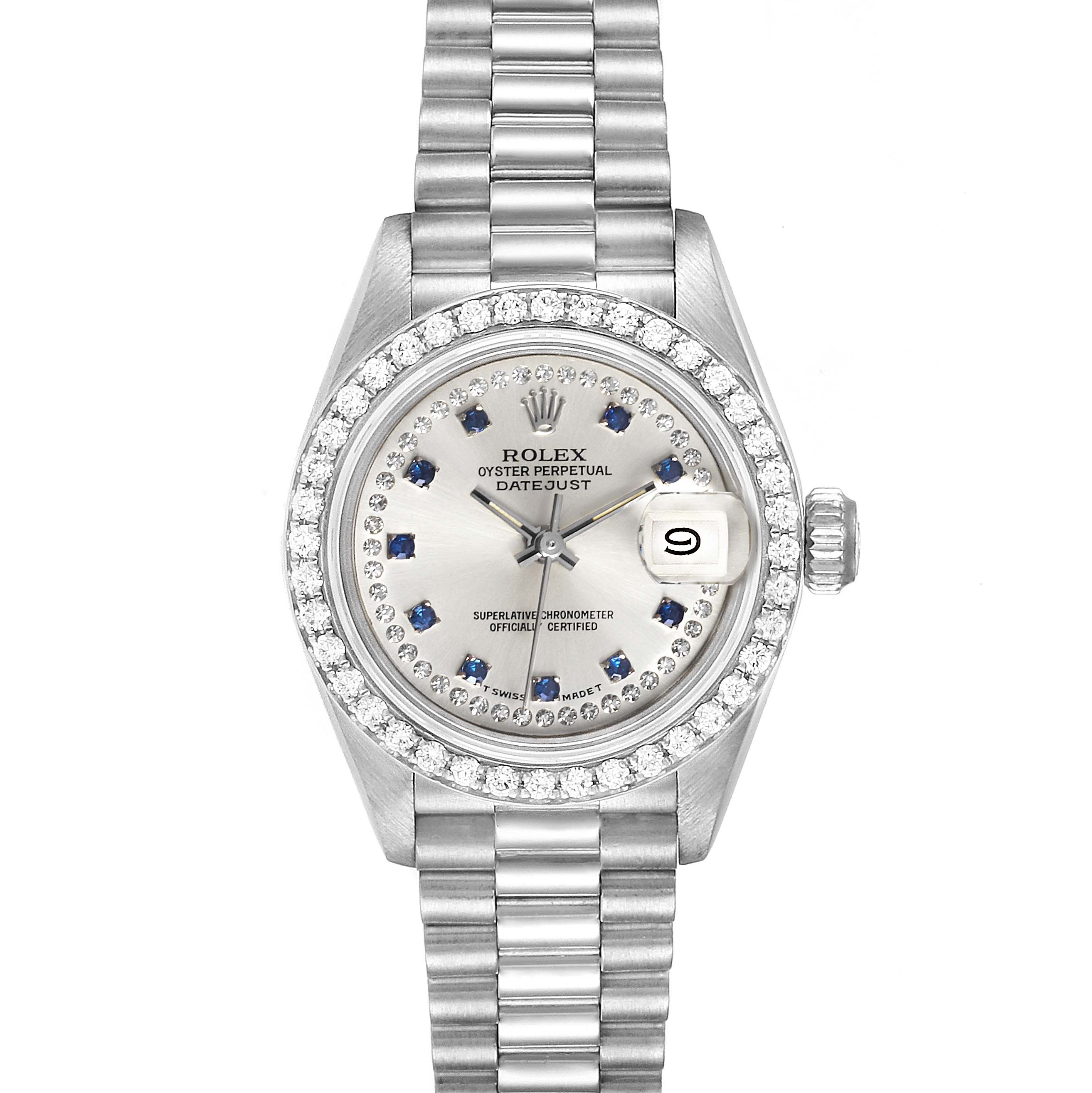 This is a top view of the Rolex President 69136 Women
s Platinum Silver Dial 69136 Women
s Platinum Silver Dial model watch, showing the face, bezel, crown, and bracelet.