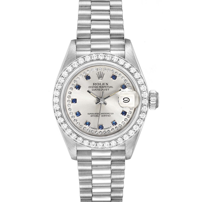 Rolex President Platinum Diamond Sapphire Ladies Watch 69136 Box Papers SwissWatchExpo