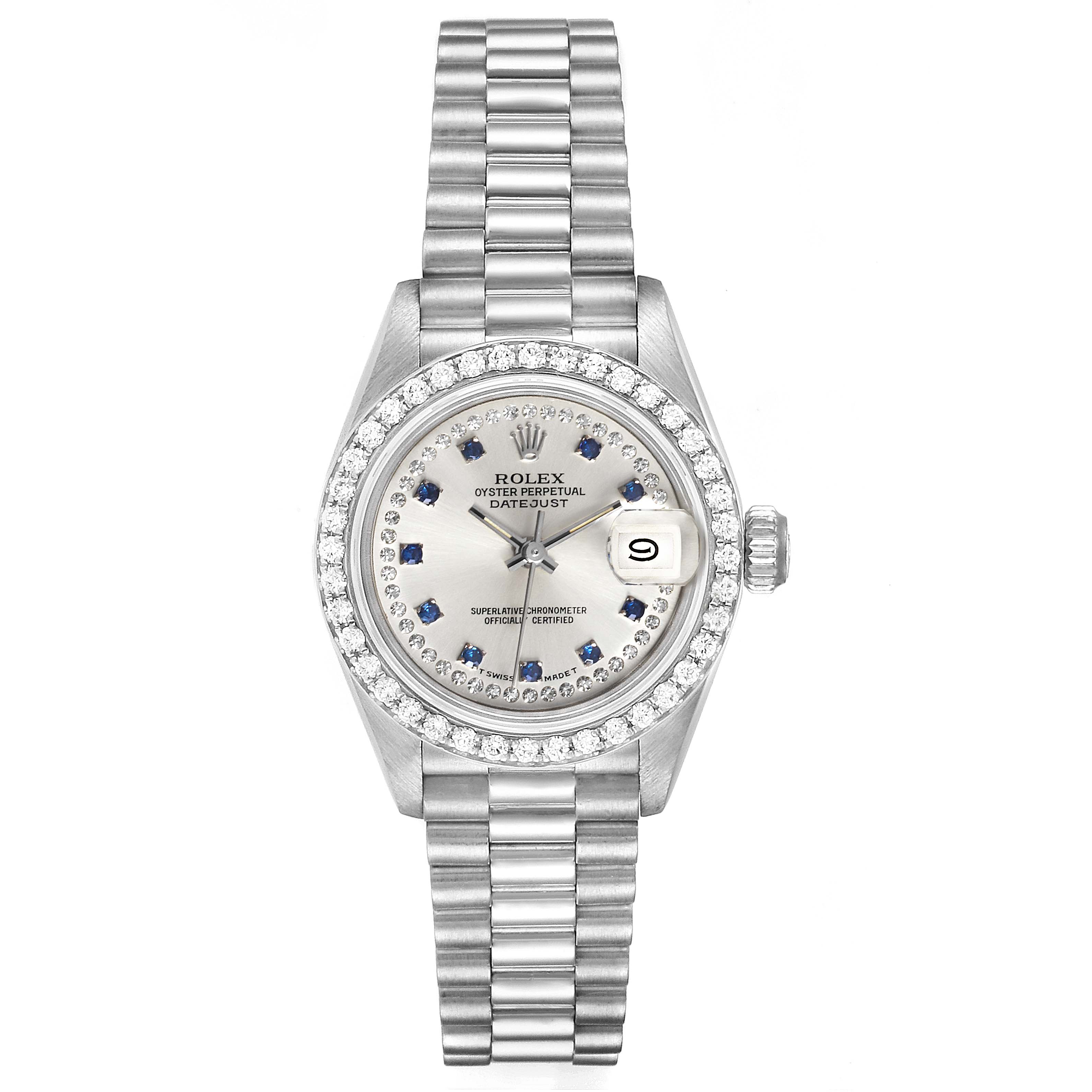 The image displays the front view of a Rolex President 69136 Women
s Platinum Silver Dial 69136 Women
s Platinum Silver Dial model watch, showcasing the dial, bezel, date, and bracelet.