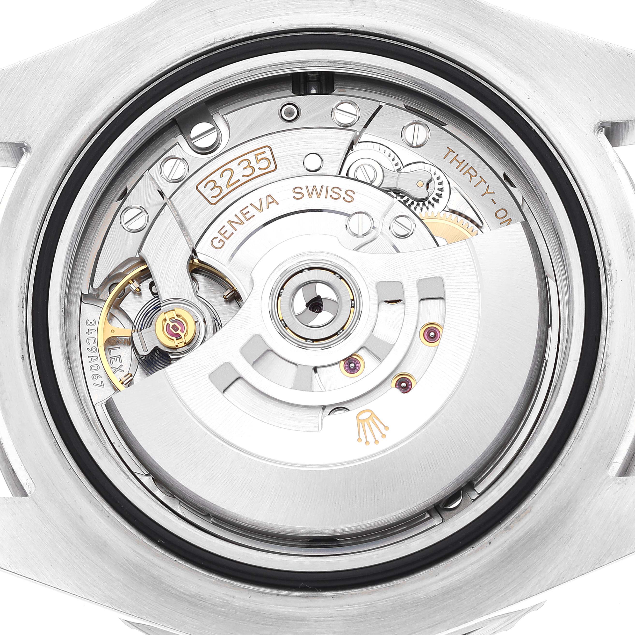 The image shows the back view of the Rolex Sea-Dweller 126600 Men
s Stainless Steel Black Dial 126600 Men
s Stainless Steel Black Dial, displaying its internal movement and mechanism.