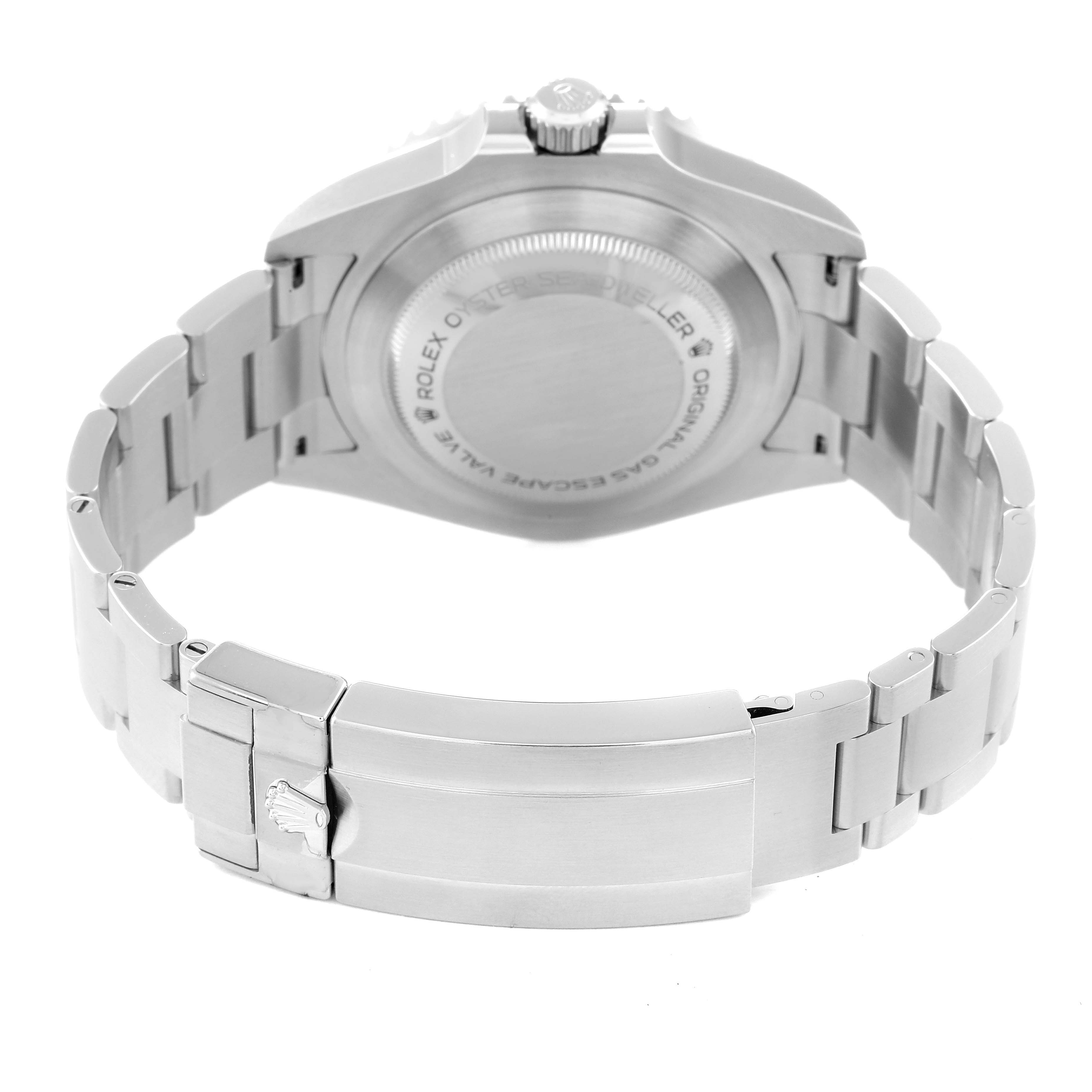 This image displays the back case and bracelet clasp of a Rolex Sea-Dweller 126600 Men
s Stainless Steel Black Dial 126600 Men
s Stainless Steel Black Dial watch from a rear angle.