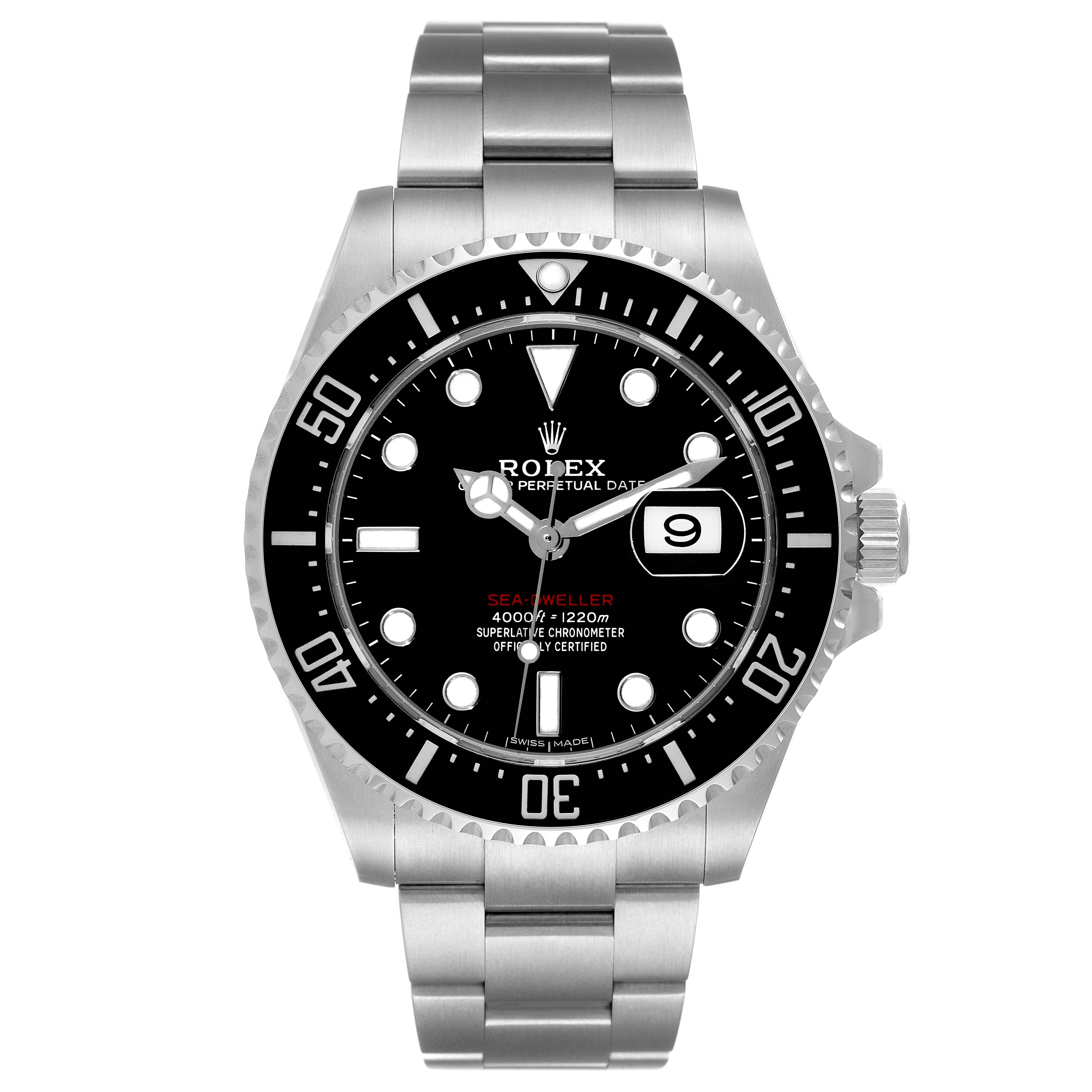 The image shows a front view of a Rolex Sea-Dweller 126600 Men
s Stainless Steel Black Dial 126600 Men
s Stainless Steel Black Dial watch, displaying its dial, bezel, and bracelet.