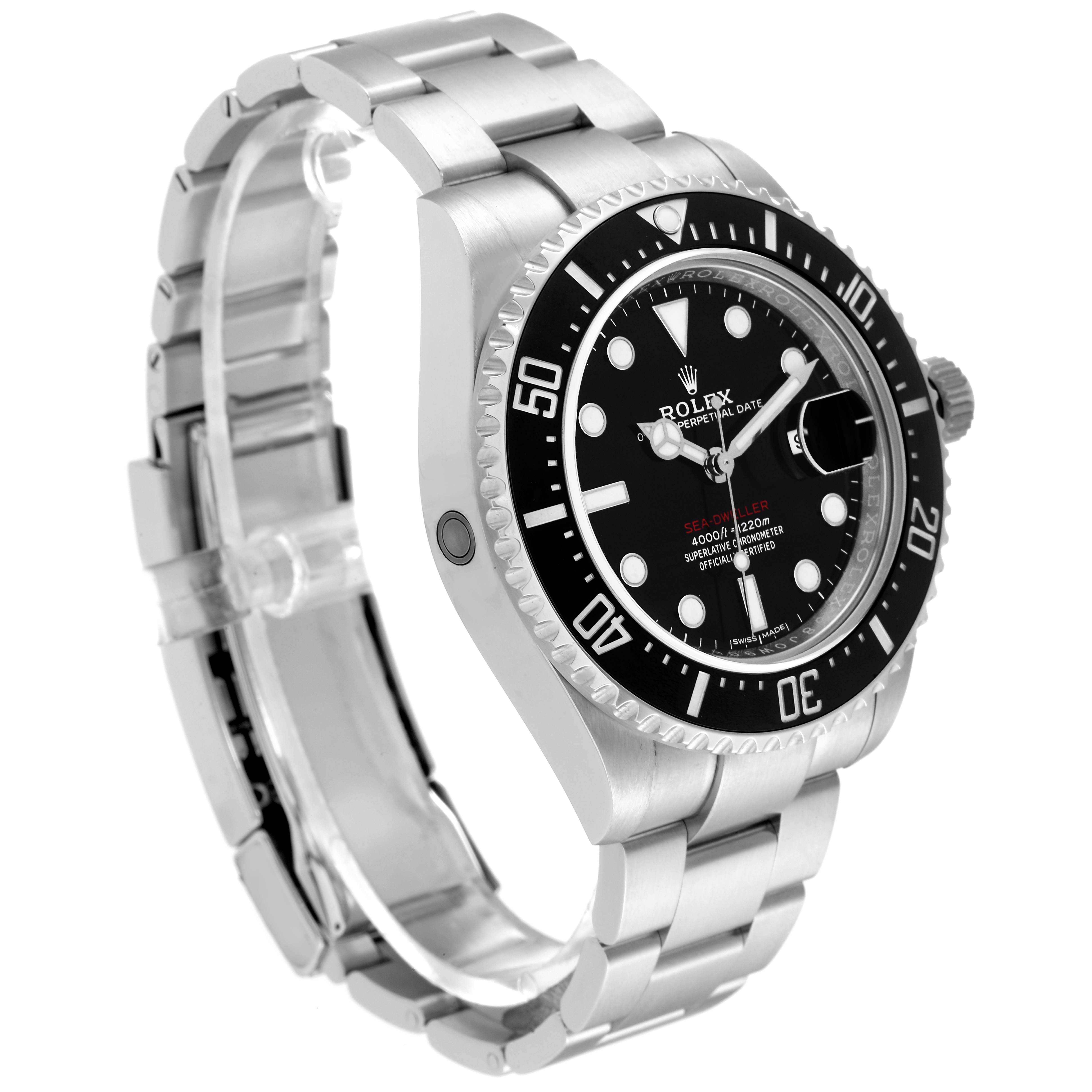The Rolex Sea-Dweller 126600 Men
s Stainless Steel Black Dial 126600 Men
s Stainless Steel Black Dial watch is shown at a three-quarter angle, highlighting the watch face, bezel, and stainless steel bracelet.