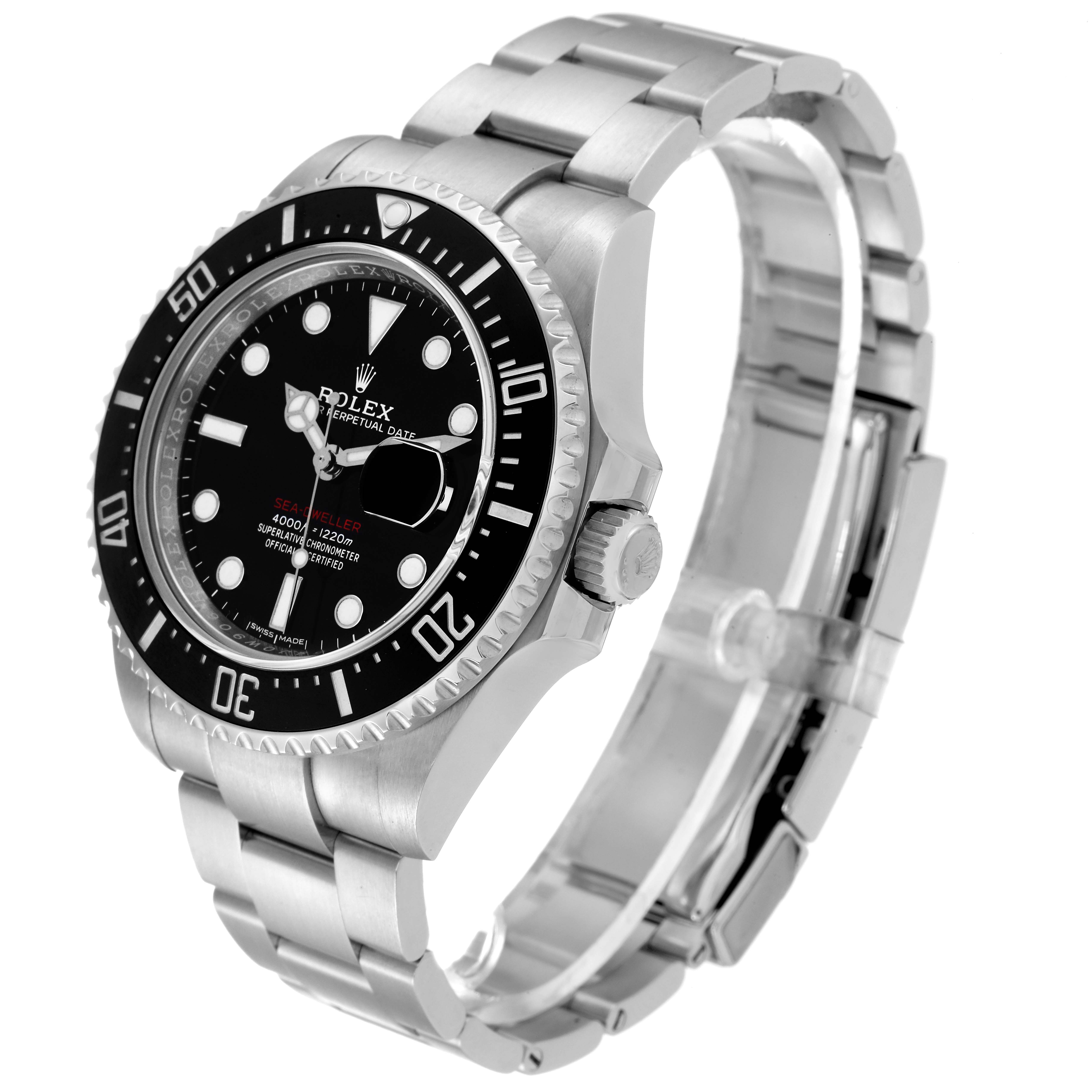 The Rolex Sea-Dweller 126600 Men
s Stainless Steel Black Dial 126600 Men
s Stainless Steel Black Dial watch is shown at a slight angle highlighting the face, bezel, bracelet, and crown.