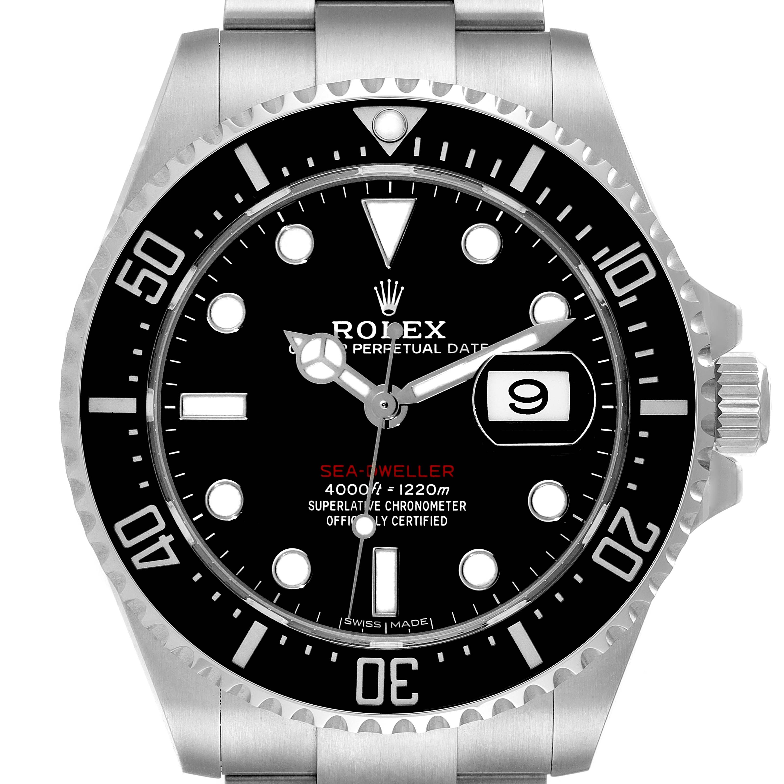 The image displays a front-facing view of the Rolex Sea-Dweller 126600 Men
s Stainless Steel Black Dial 126600 Men
s Stainless Steel Black Dial watch, focusing on the dial, bezel, and part of the bracelet.