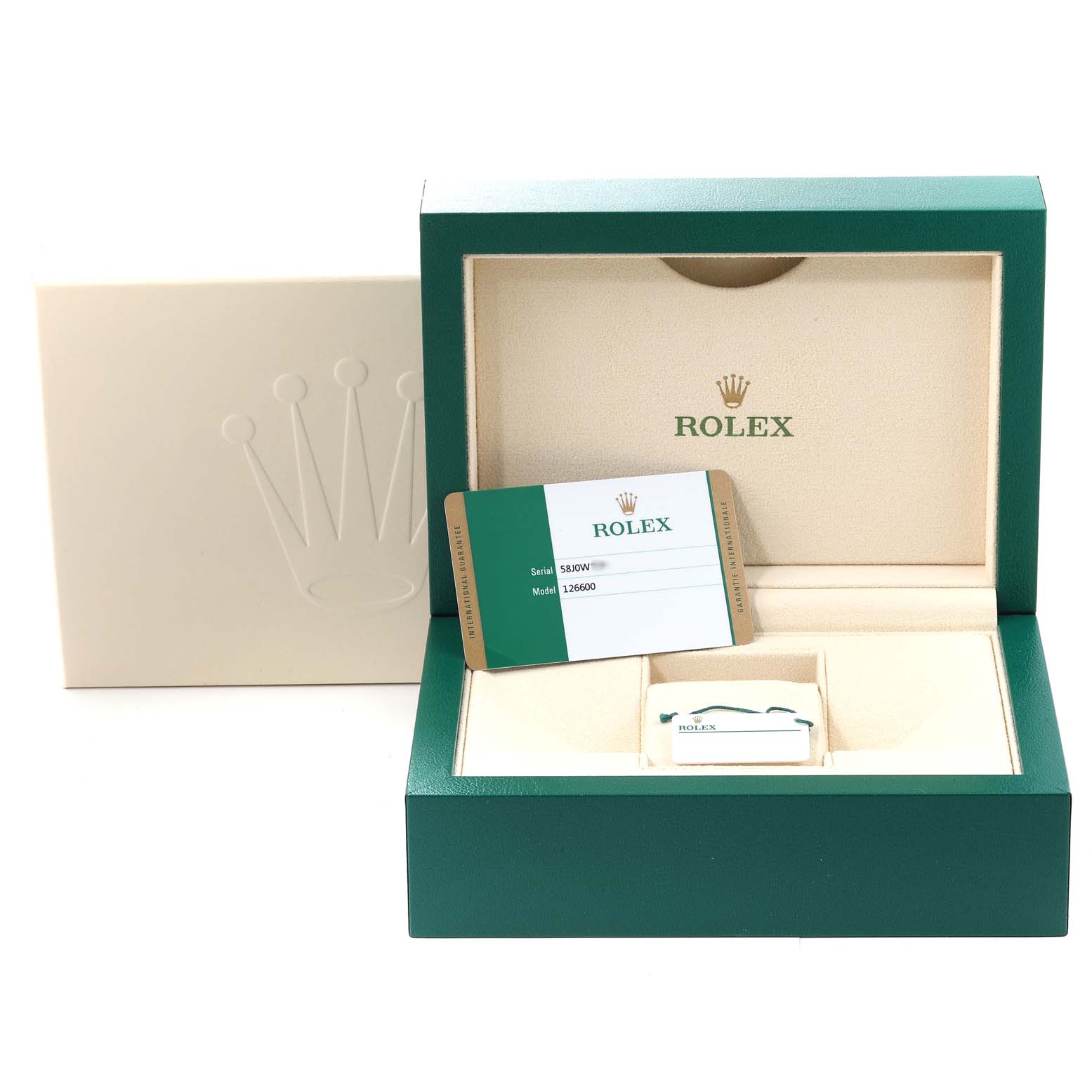 The image shows the Rolex Sea-Dweller 126600 Men
s Stainless Steel Black Dial 126600 Men
s Stainless Steel Black Dial watch box, displaying the inner packaging, warranty card, and tag from a frontal angle.