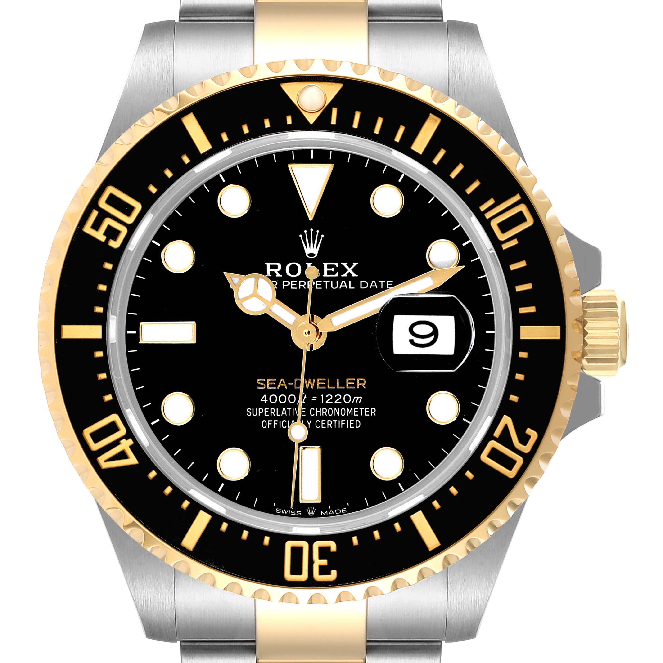 The image shows a front view of the Rolex Sea-Dweller 126603 Men's Steel and Gold (two tone) Black Dial 126603 Men's Steel and Gold (two tone) Black Dial watch, highlighting its black dial, date display, and gold-accented bezel and bracelet.