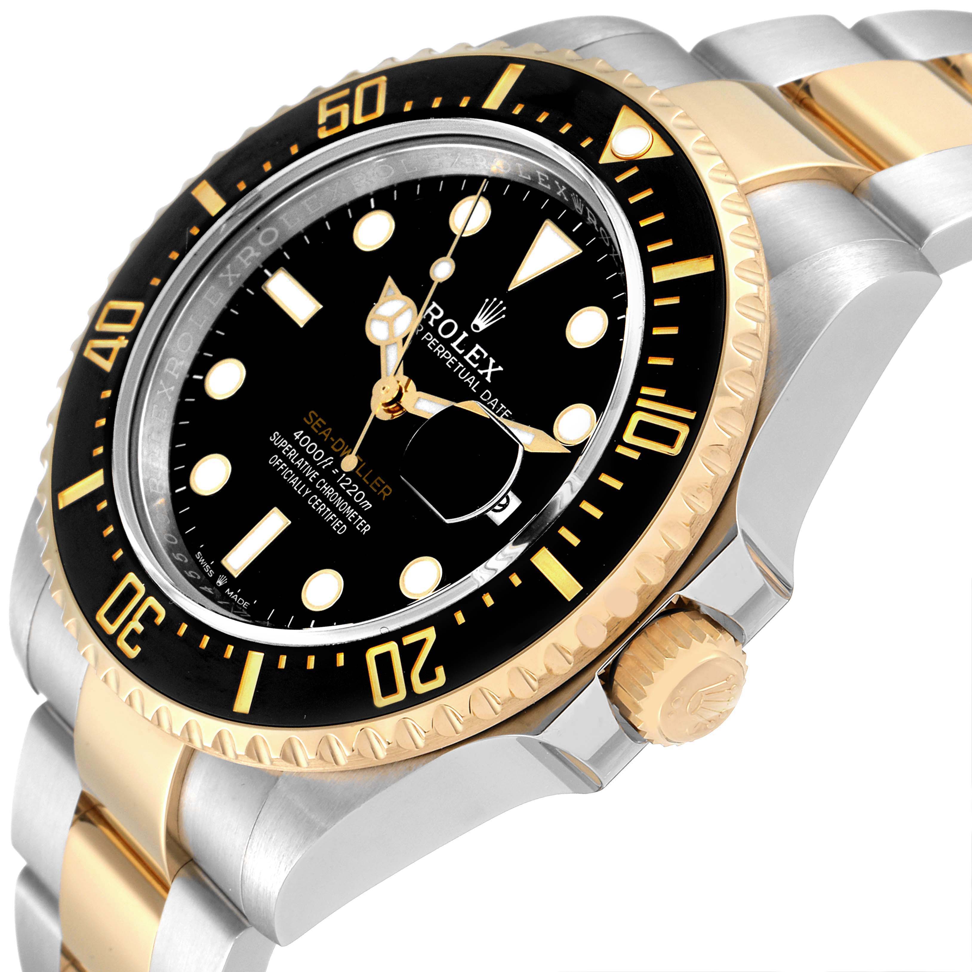 The Rolex Sea-Dweller 126603 Men's Steel and Gold (two tone) Black Dial 126603 Men's Steel and Gold (two tone) Black Dial watch is shown at an angle highlighting the face, bezel, crown, and part of the bracelet.