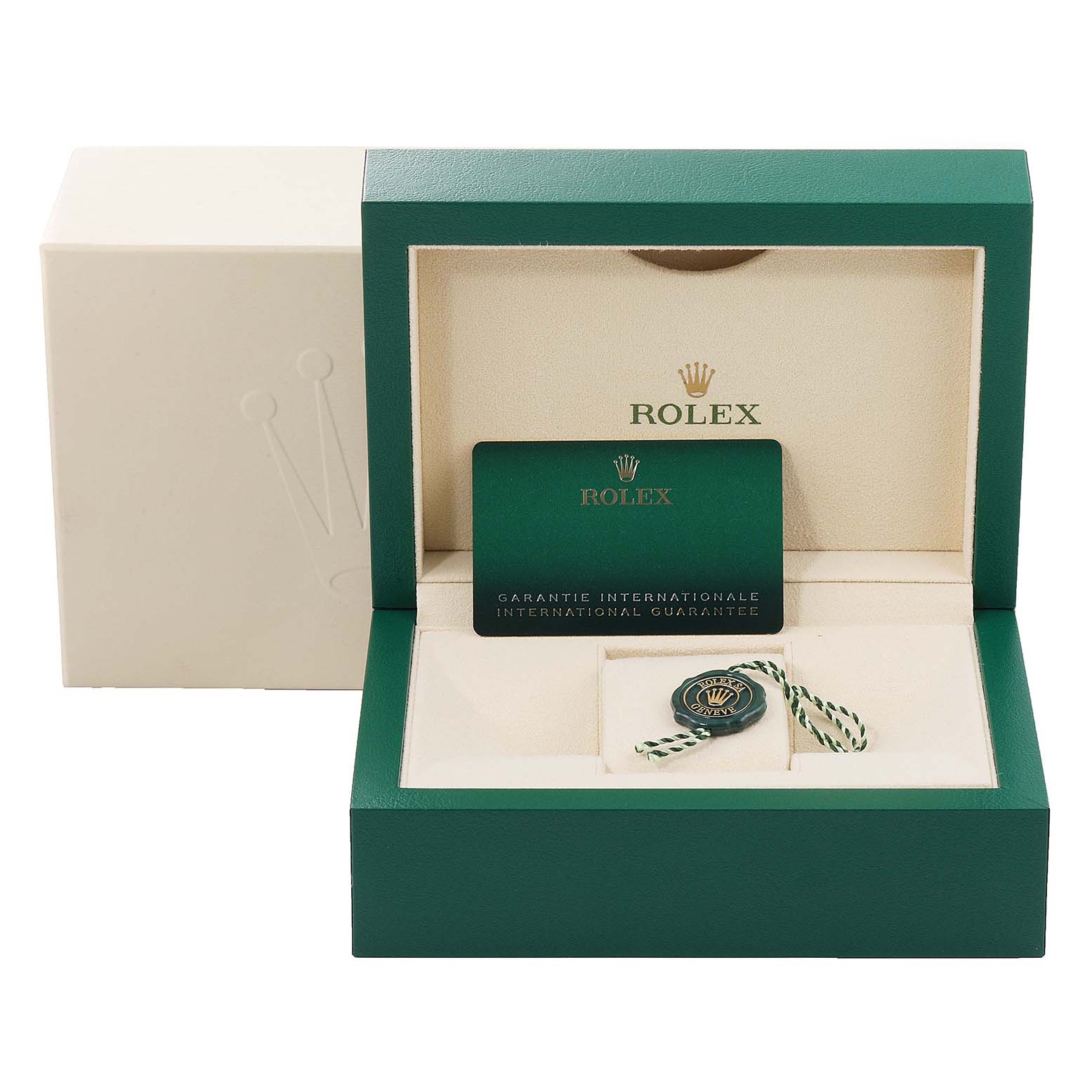 The image shows the open box and accessories of the Rolex Sea-Dweller 126603 Men's Steel and Gold (two tone) Black Dial 126603 Men's Steel and Gold (two tone) Black Dial watch, including the warranty card and tag.