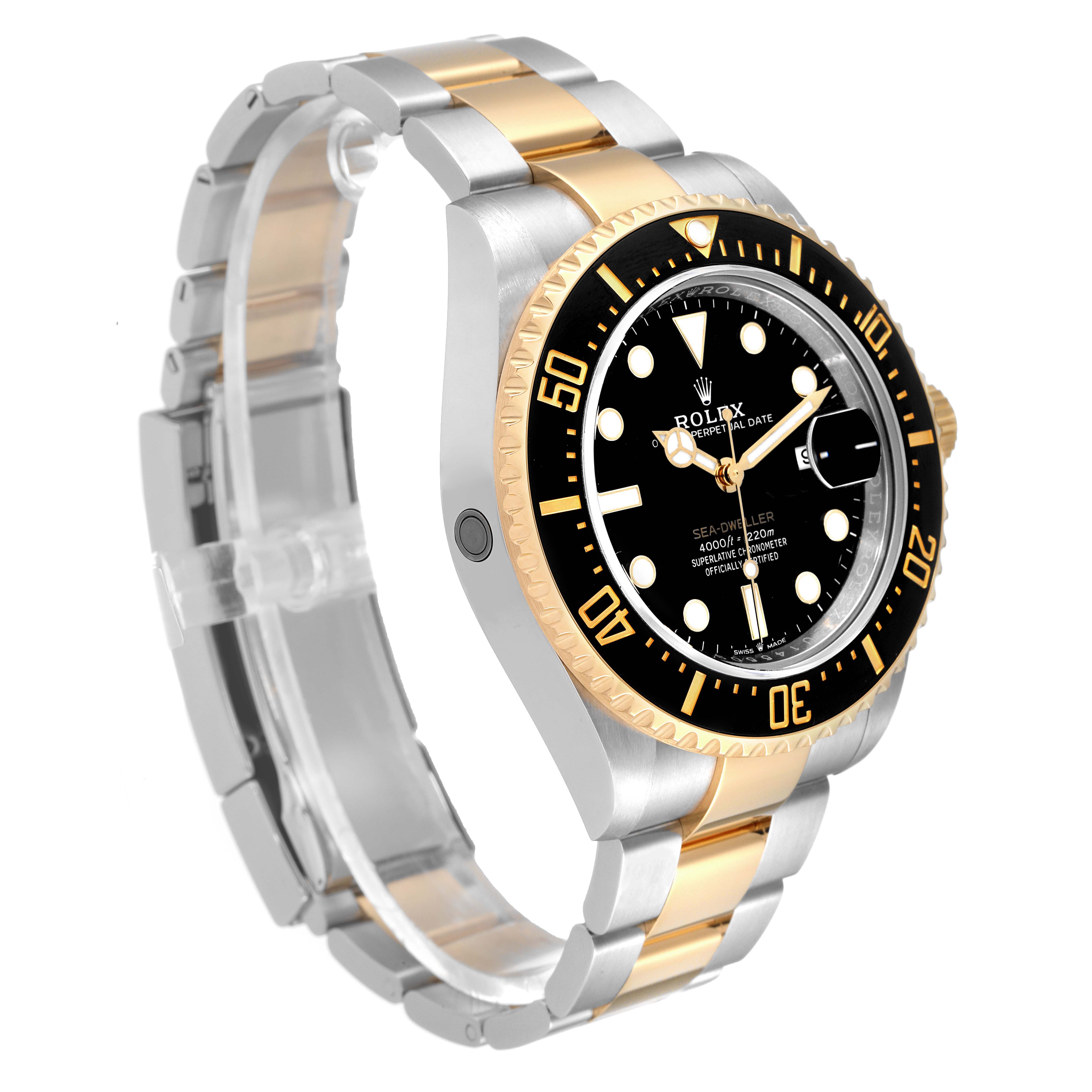 The Rolex Sea-Dweller 126603 Men's Steel and Gold (two tone) Black Dial 126603 Men's Steel and Gold (two tone) Black Dial watch is shown at an angle displaying the face, bezel, and bracelet clearly.