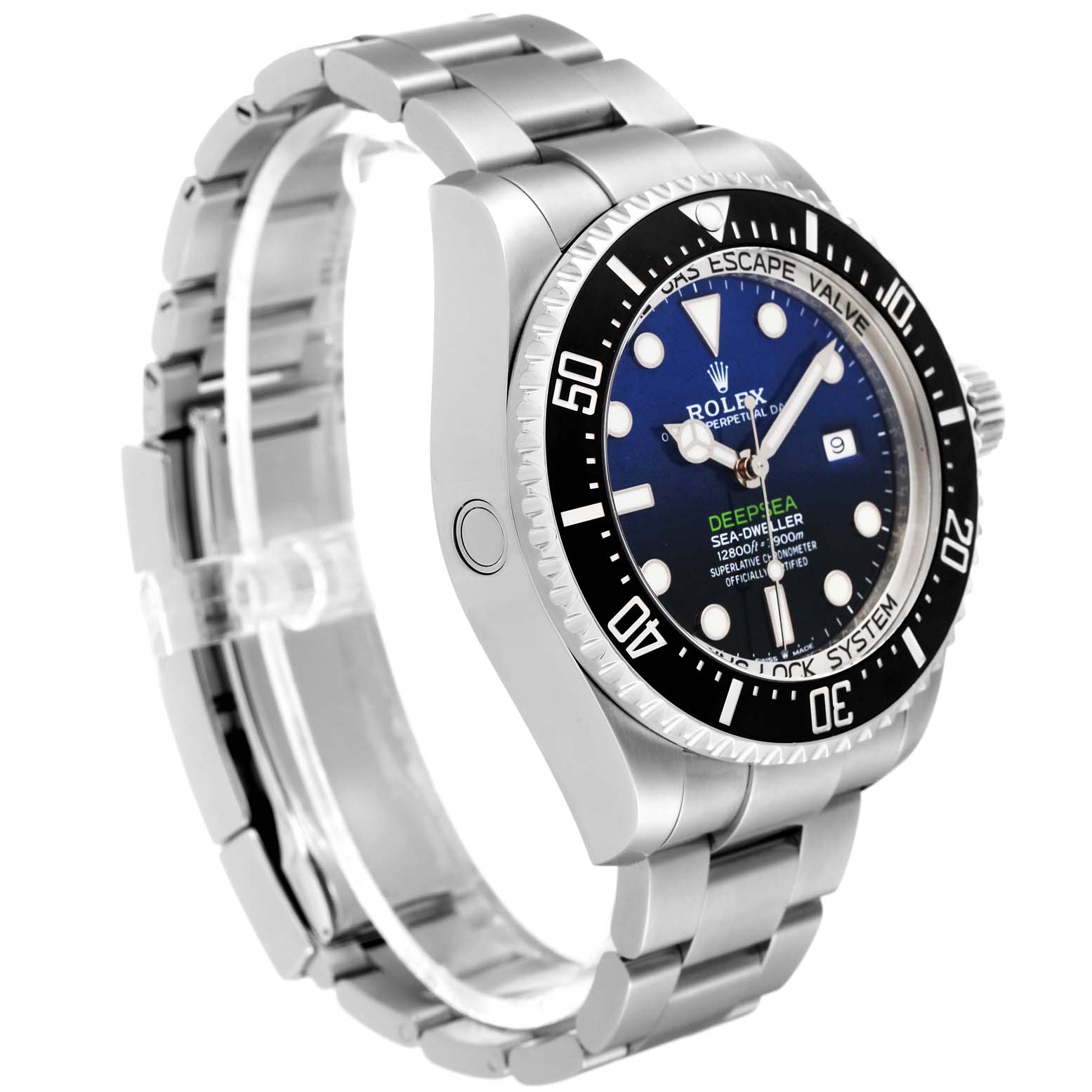 The image shows a Rolex Sea-Dweller 126660 Men
s Stainless Steel Blue Dial 126660 Men
s Stainless Steel Blue Dial watch from a front-side angle, displaying its bezel, dial, and metal bracelet.