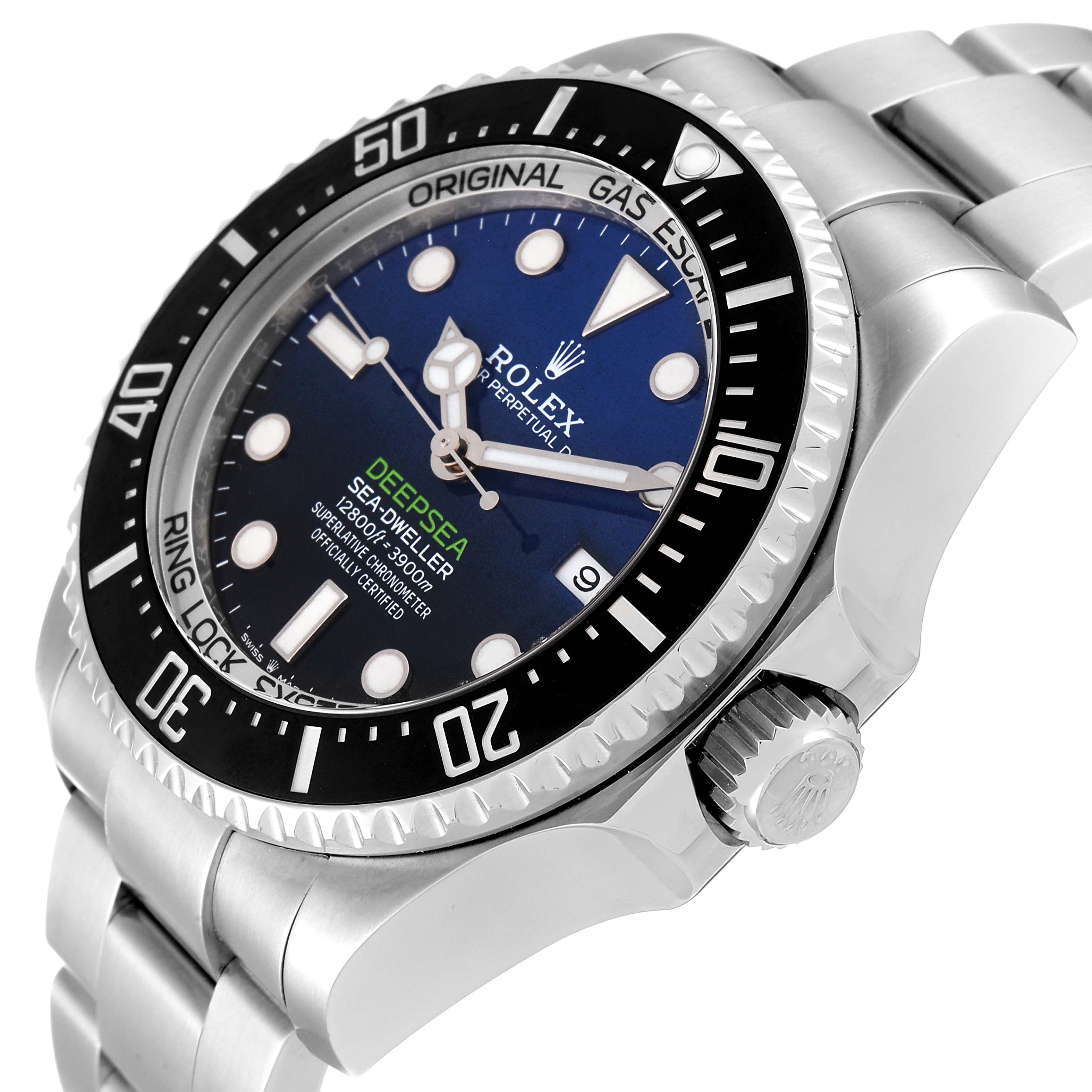 The Rolex Sea-Dweller 126660 Men
s Stainless Steel Blue Dial 126660 Men
s Stainless Steel Blue Dial watch is shown from an angled front view, displaying the dial, bezel, crown, and a portion of the bracelet.