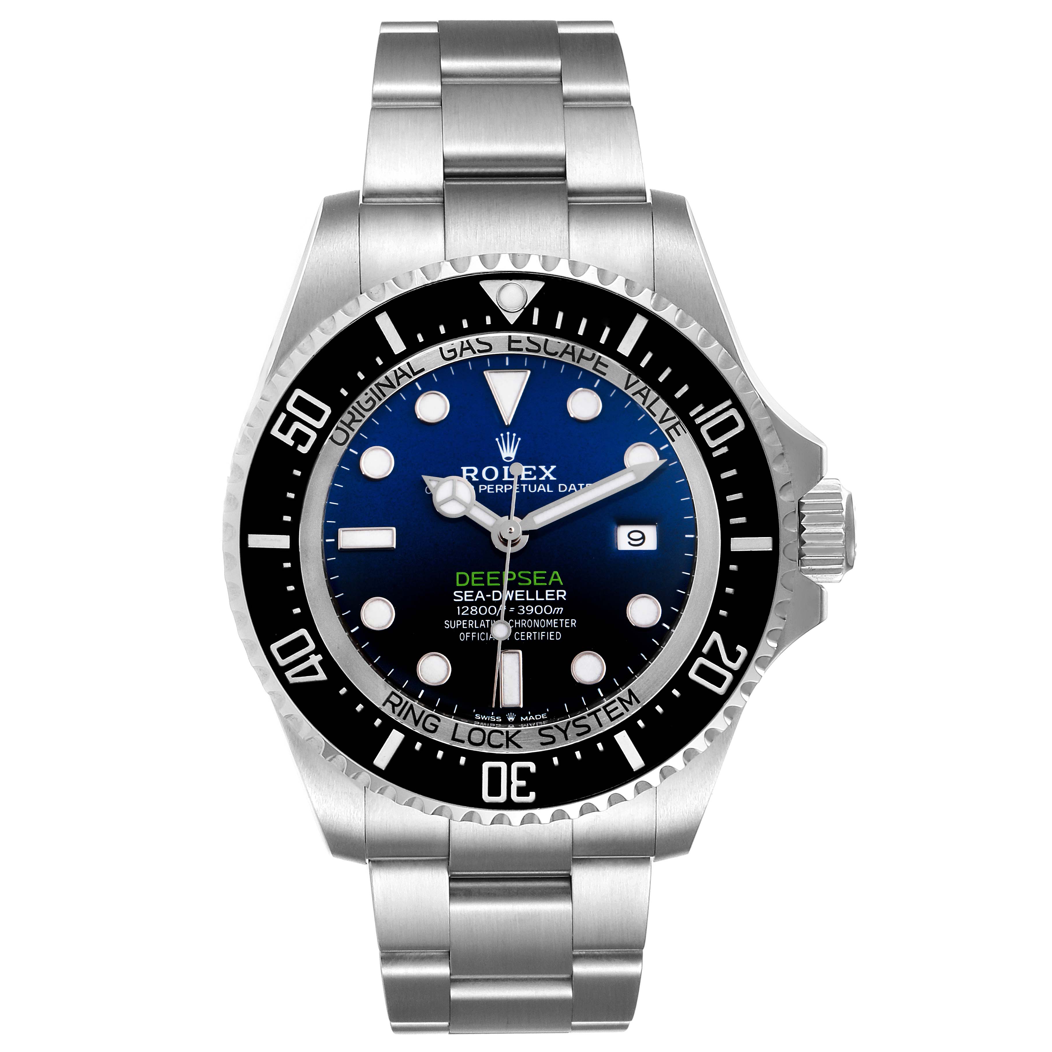 This image shows a Rolex Sea-Dweller 126660 Men
s Stainless Steel Blue Dial 126660 Men
s Stainless Steel Blue Dial watch, front view, displaying the dial, bezel, hands, and stainless steel bracelet.