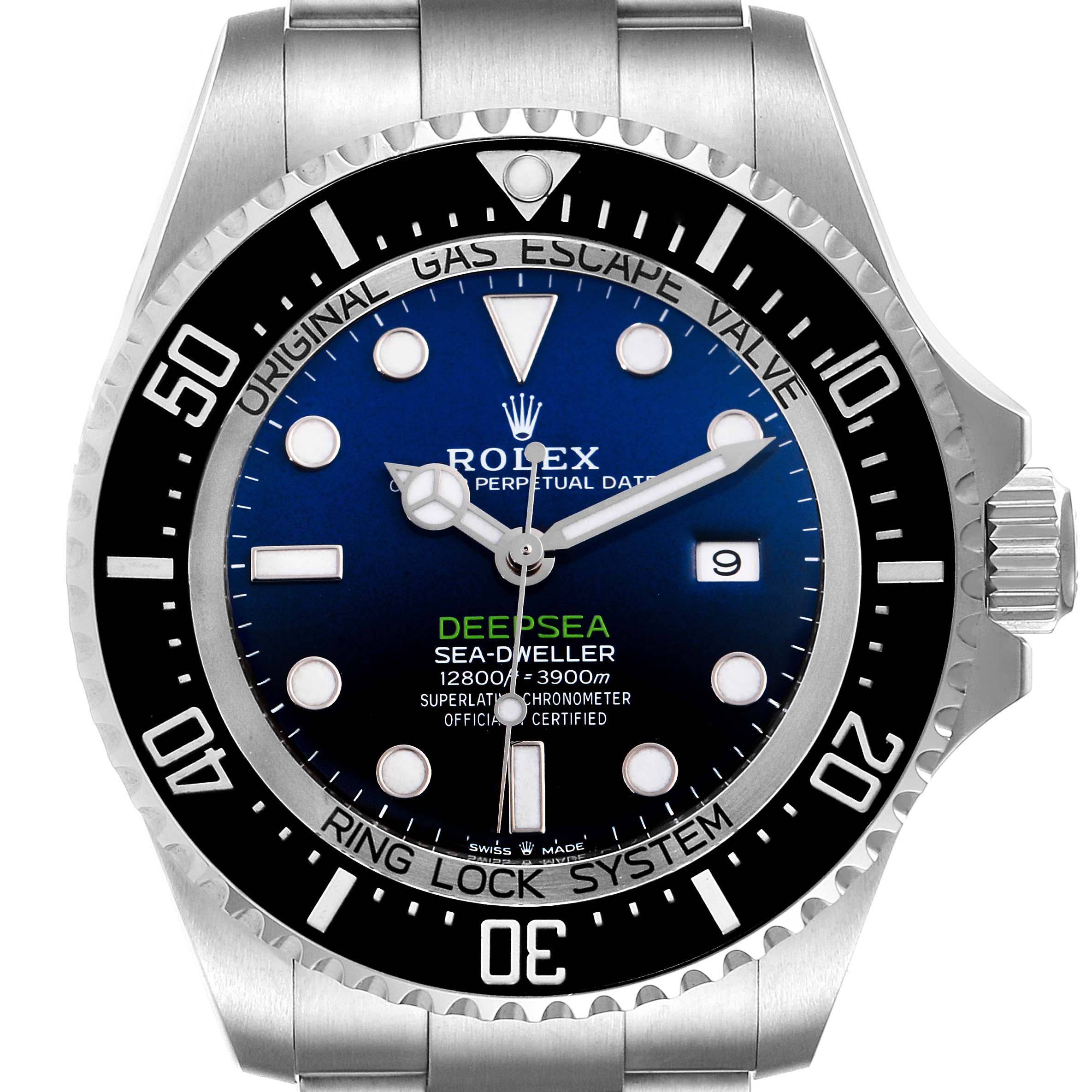 The image shows a frontal view of the Rolex Sea-Dweller 126660 Men
s Stainless Steel Blue Dial 126660 Men
s Stainless Steel Blue Dial Deepsea watch, highlighting its bezel, crown, and dial details.