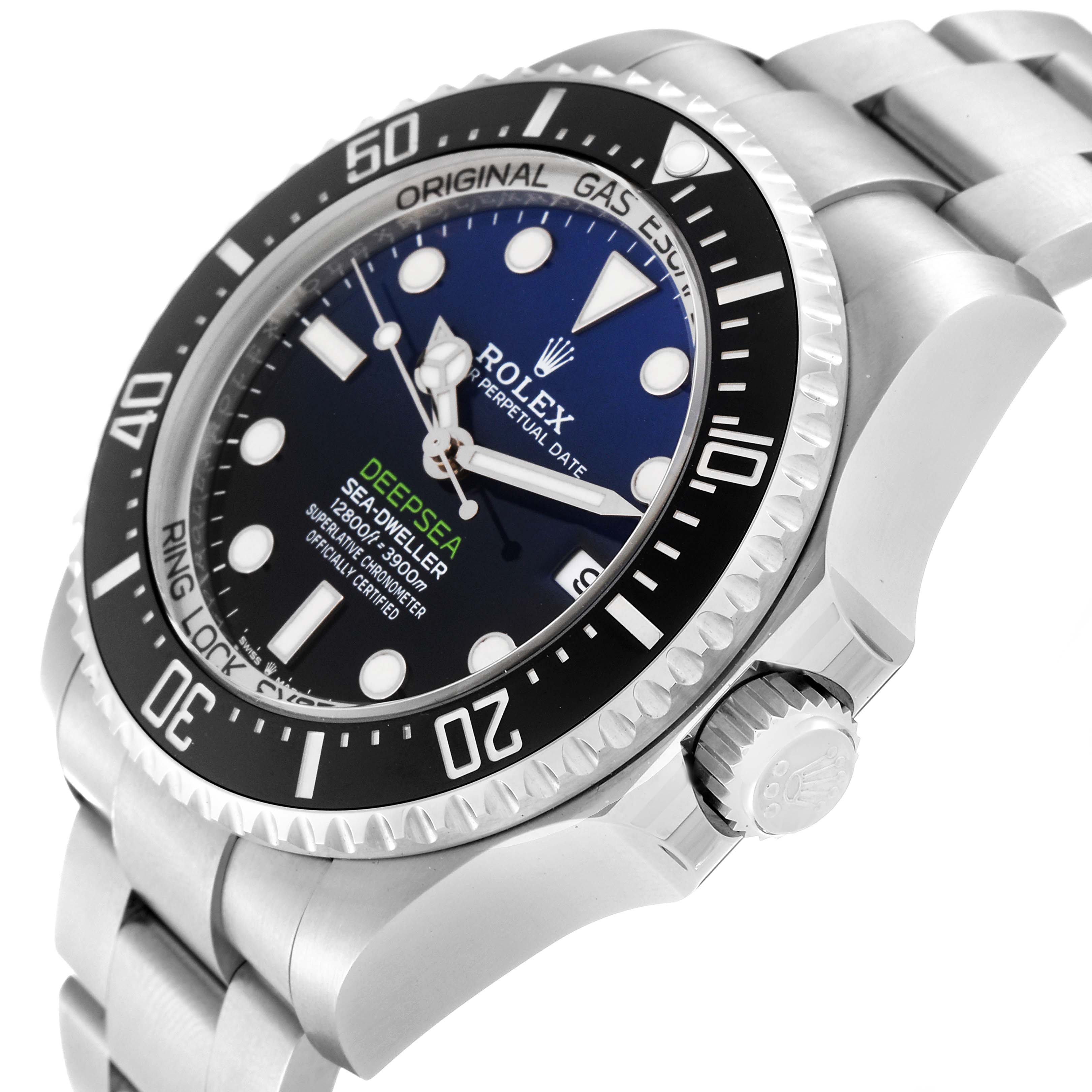 The image shows a side angle view of the Rolex Sea-Dweller 136660 Men's Stainless Steel Blue Dial 136660 Men's Stainless Steel Blue Dial watch, highlighting the bezel, dial, and crown.
