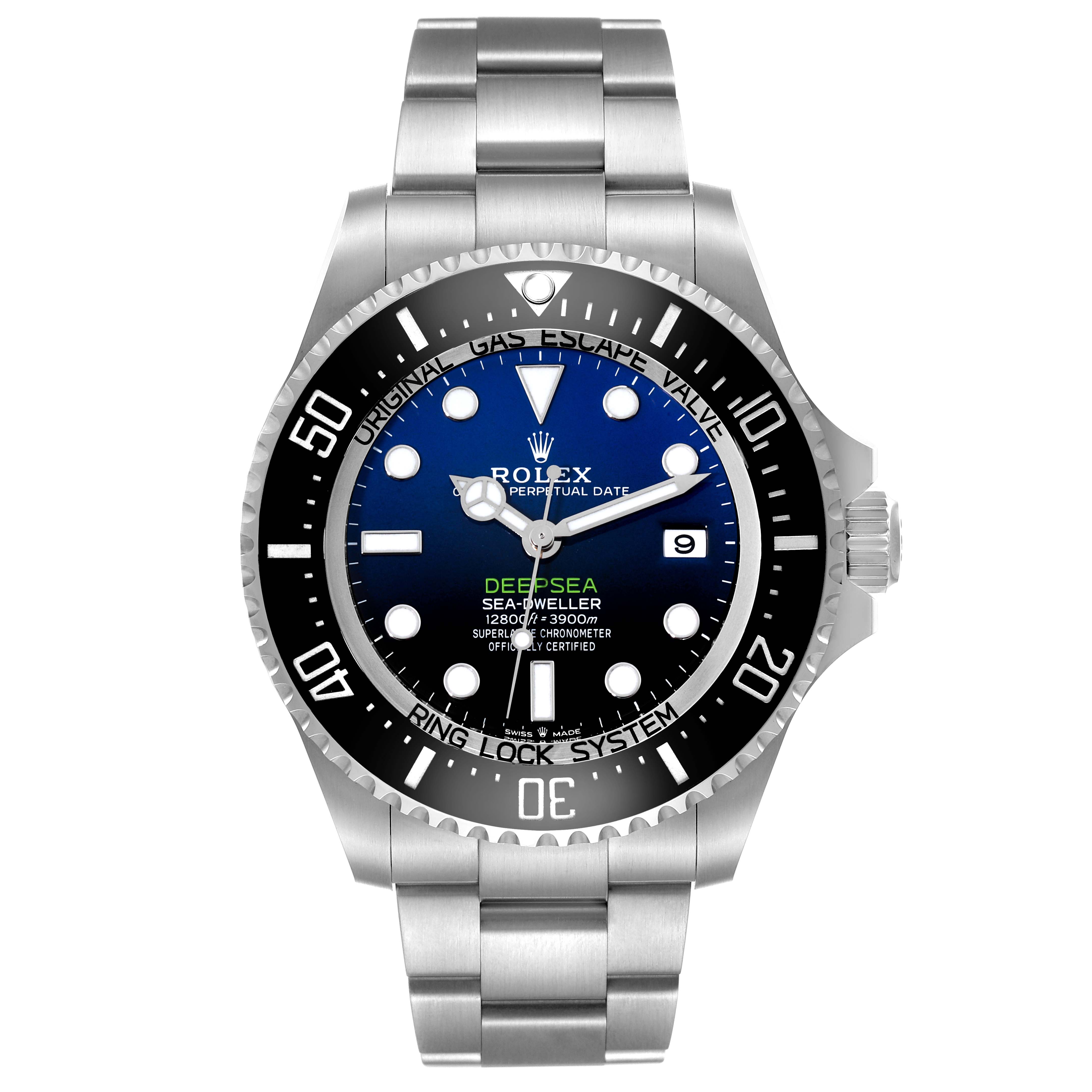 The image shows a frontal view of the Rolex Sea-Dweller 136660 Men's Stainless Steel Blue Dial 136660 Men's Stainless Steel Blue Dial Deepsea watch, highlighting its face, bezel, and bracelet.