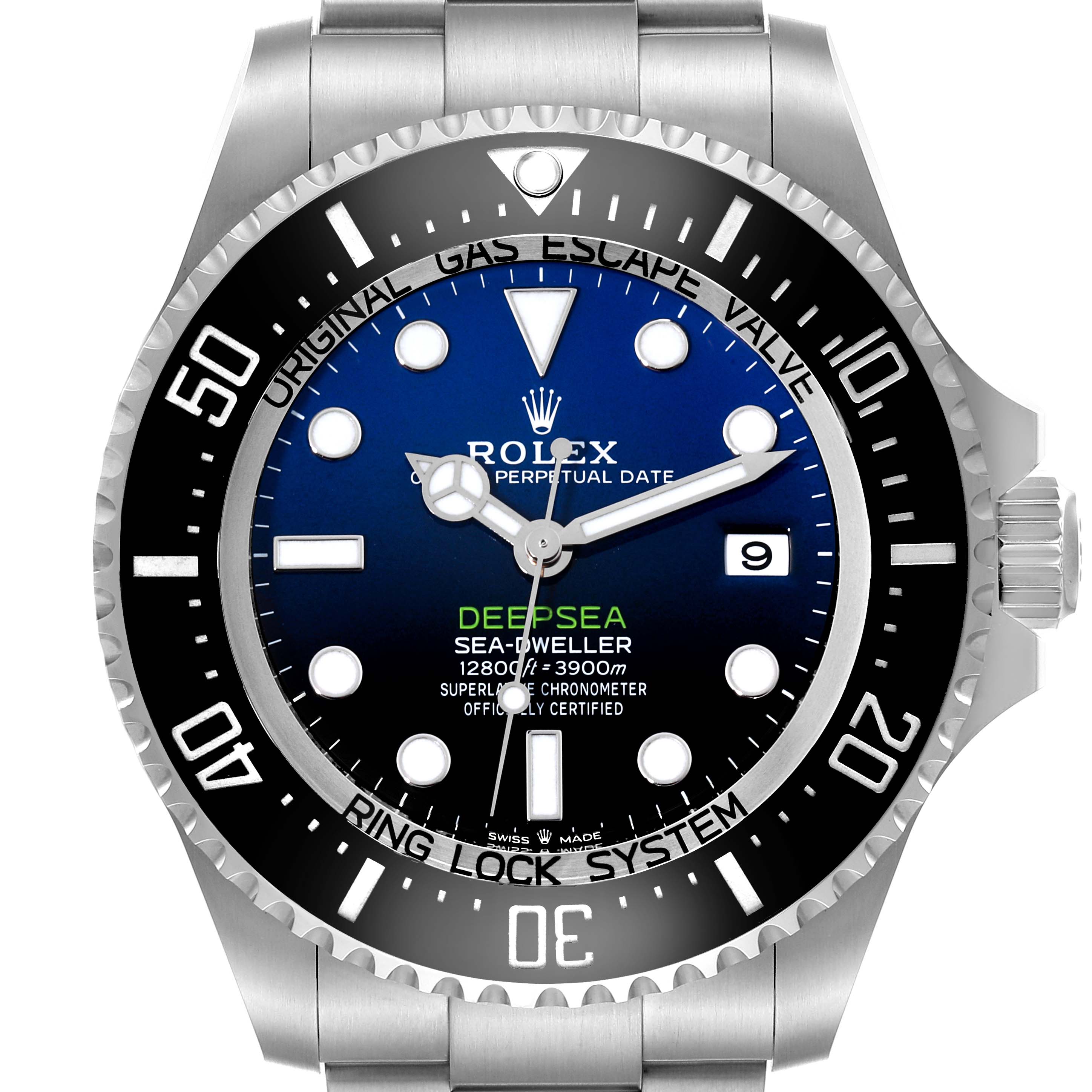 The close-up image shows the Rolex Sea-Dweller 136660 Men's Stainless Steel Blue Dial 136660 Men's Stainless Steel Blue Dial watch face, bezel, hands, and part of the bracelet from a frontal angle.