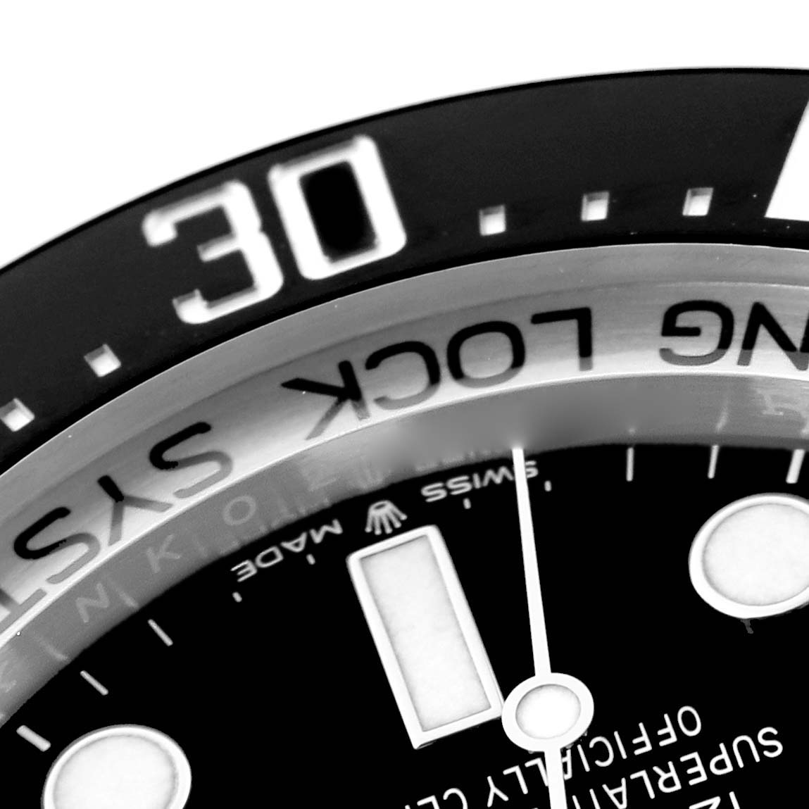 The image shows a close-up of the dial and bezel at the 30-minute mark of a Rolex Sea-Dweller 136660 Men's Stainless Steel Blue Dial 136660 Men's Stainless Steel Blue Dial watch.