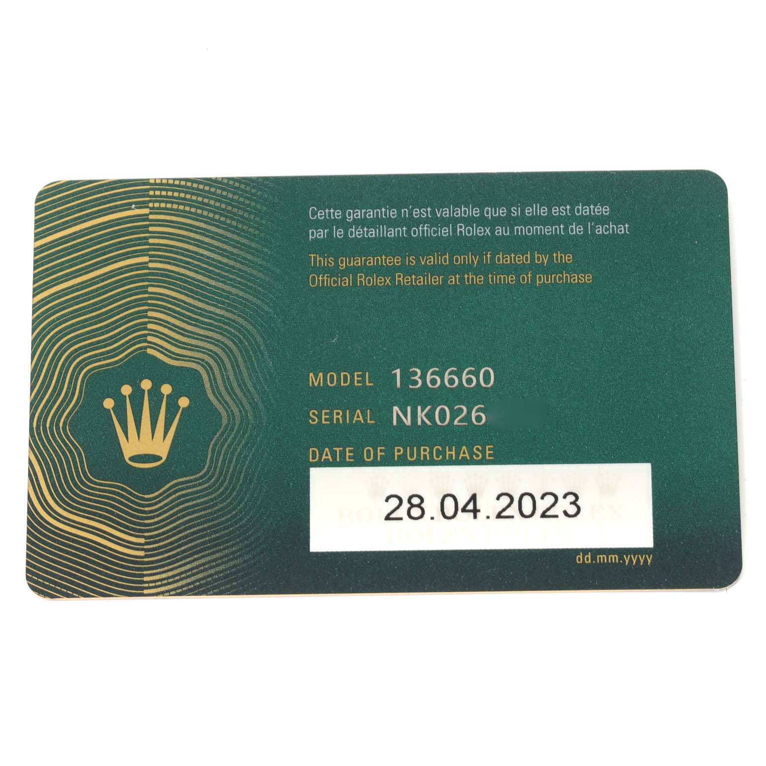 The image shows a warranty card for a Rolex Sea-Dweller 136660 Men's Stainless Steel Blue Dial 136660 Men's Stainless Steel Blue Dial model 136660, including the serial number and purchase date.