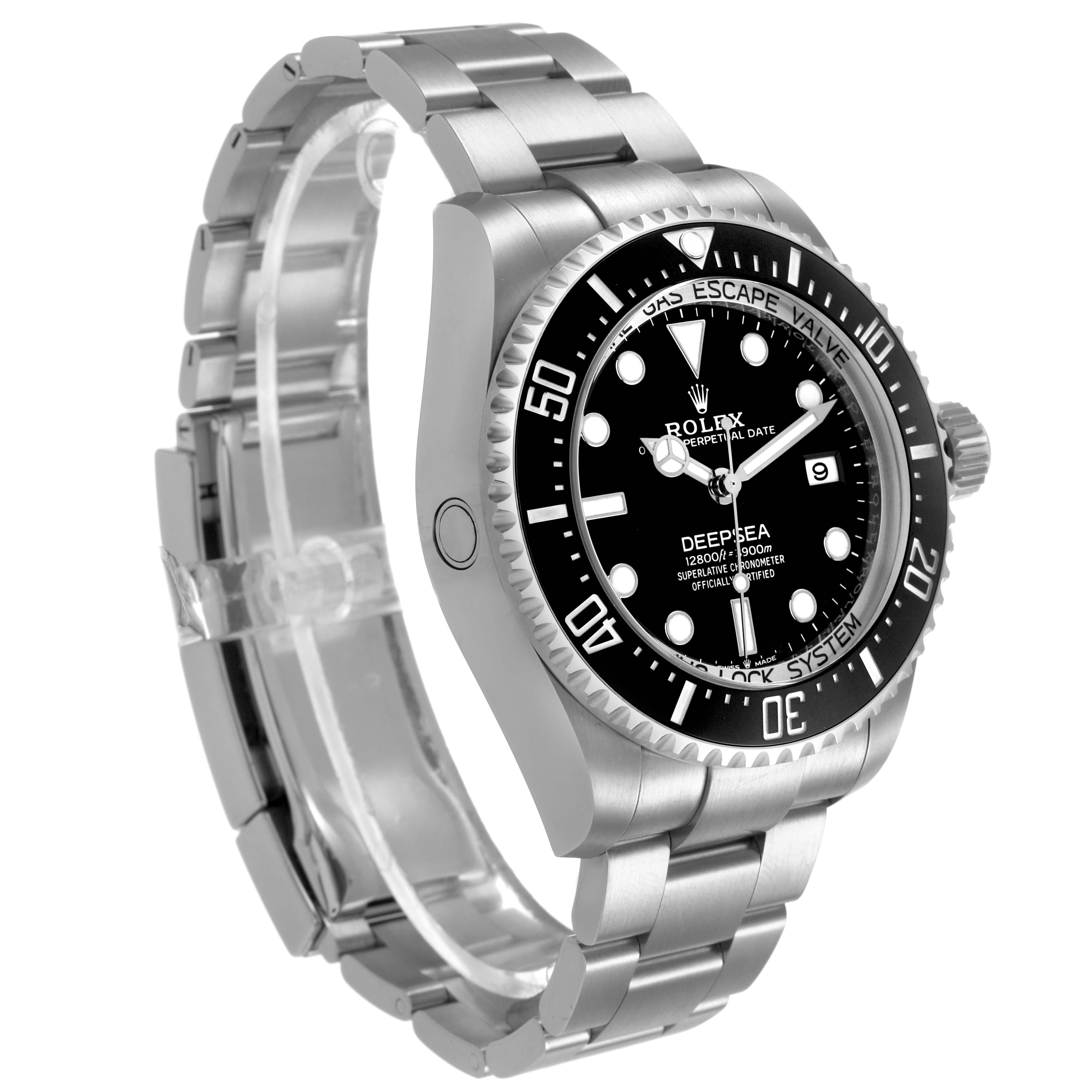 The Rolex Sea-Dweller 136660 Men's Stainless Steel Black Dial watch is shown at an angle highlighting the face, bezel, crown, and bracelet links.