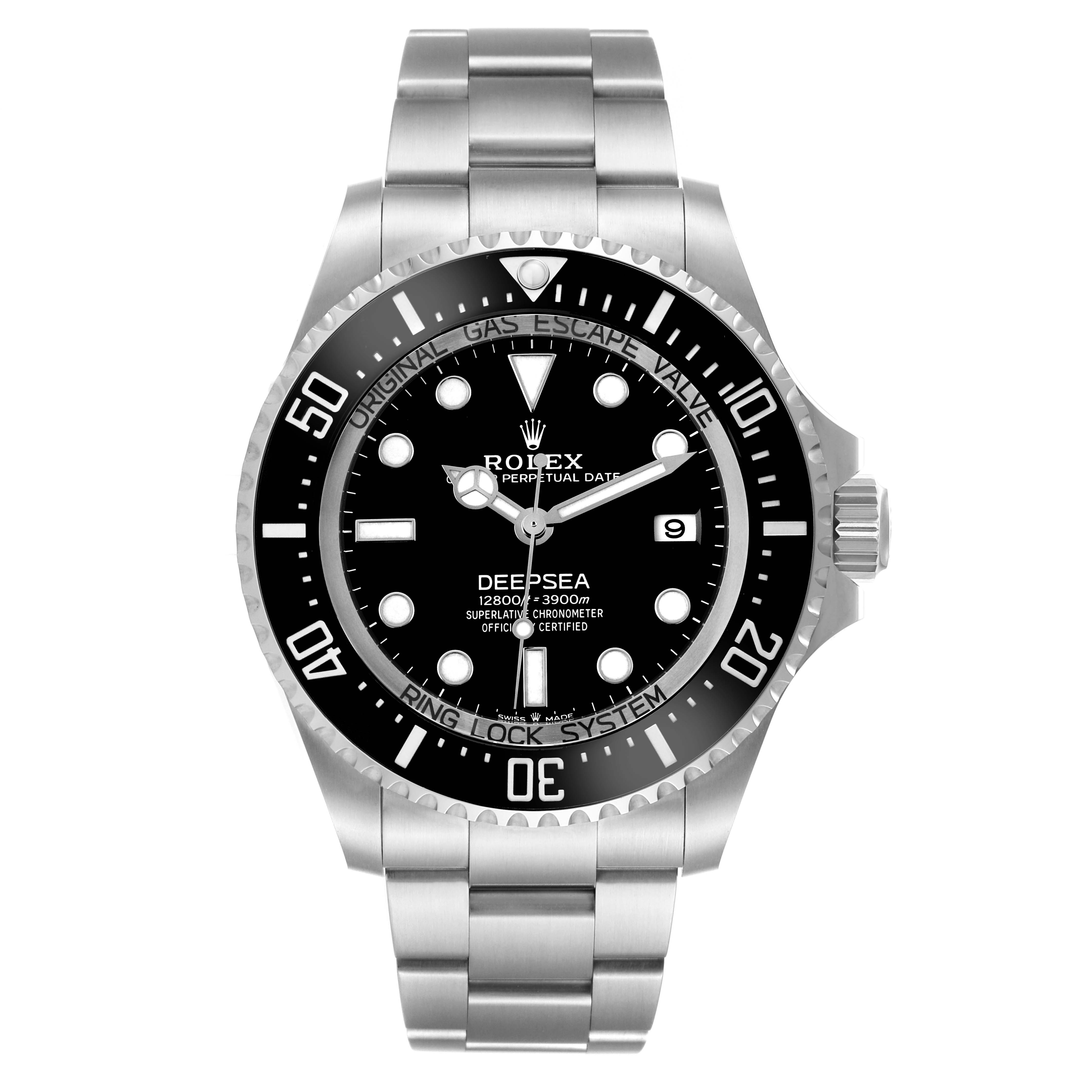 The Rolex Sea-Dweller 136660 Men's Stainless Steel Black Dial watch is shown from a direct front angle, displaying its face, bezel, and bracelet.