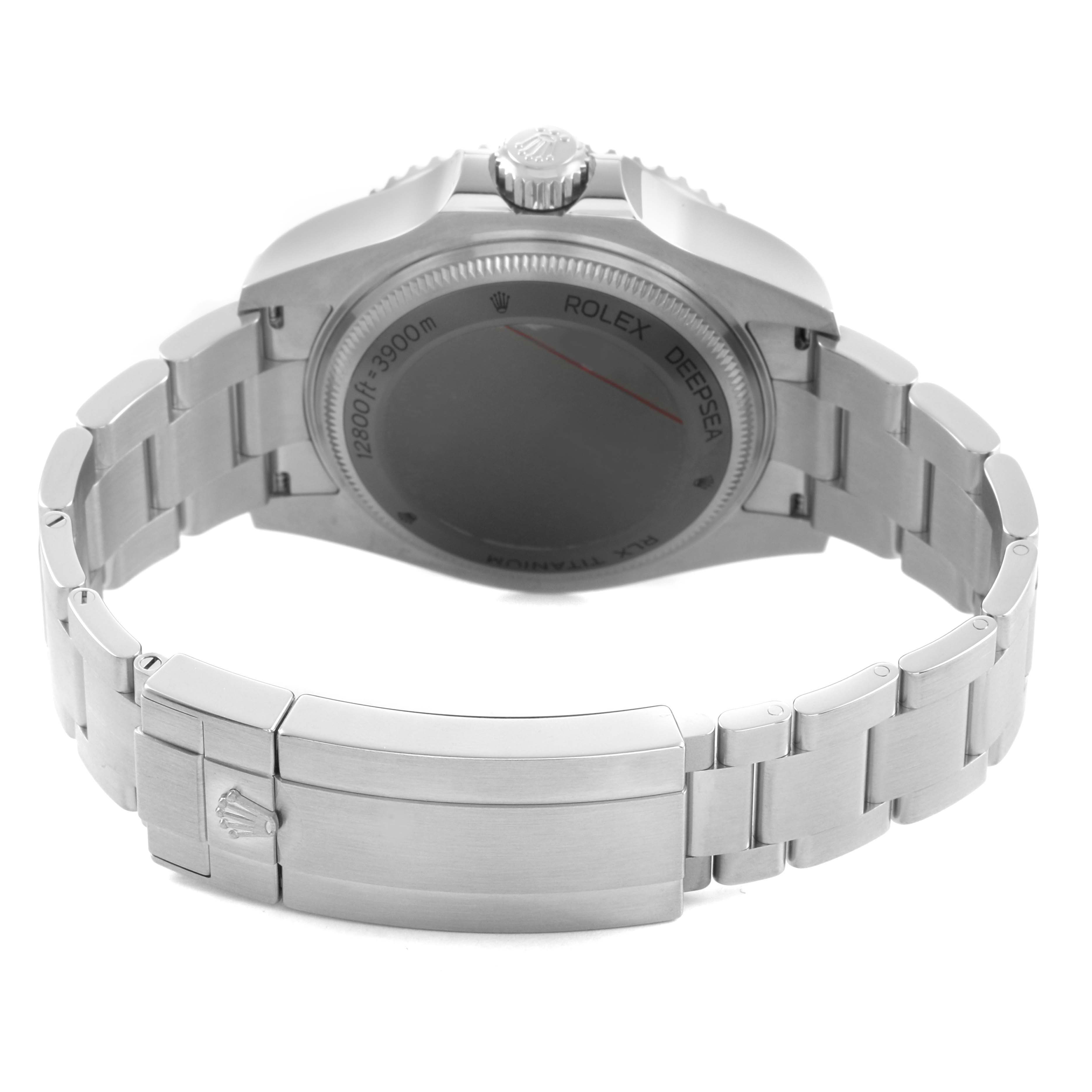 The image shows the back of a Rolex Sea-Dweller 136660 Men's Stainless Steel Black Dial watch, highlighting the case back, clasp, and bracelet links.