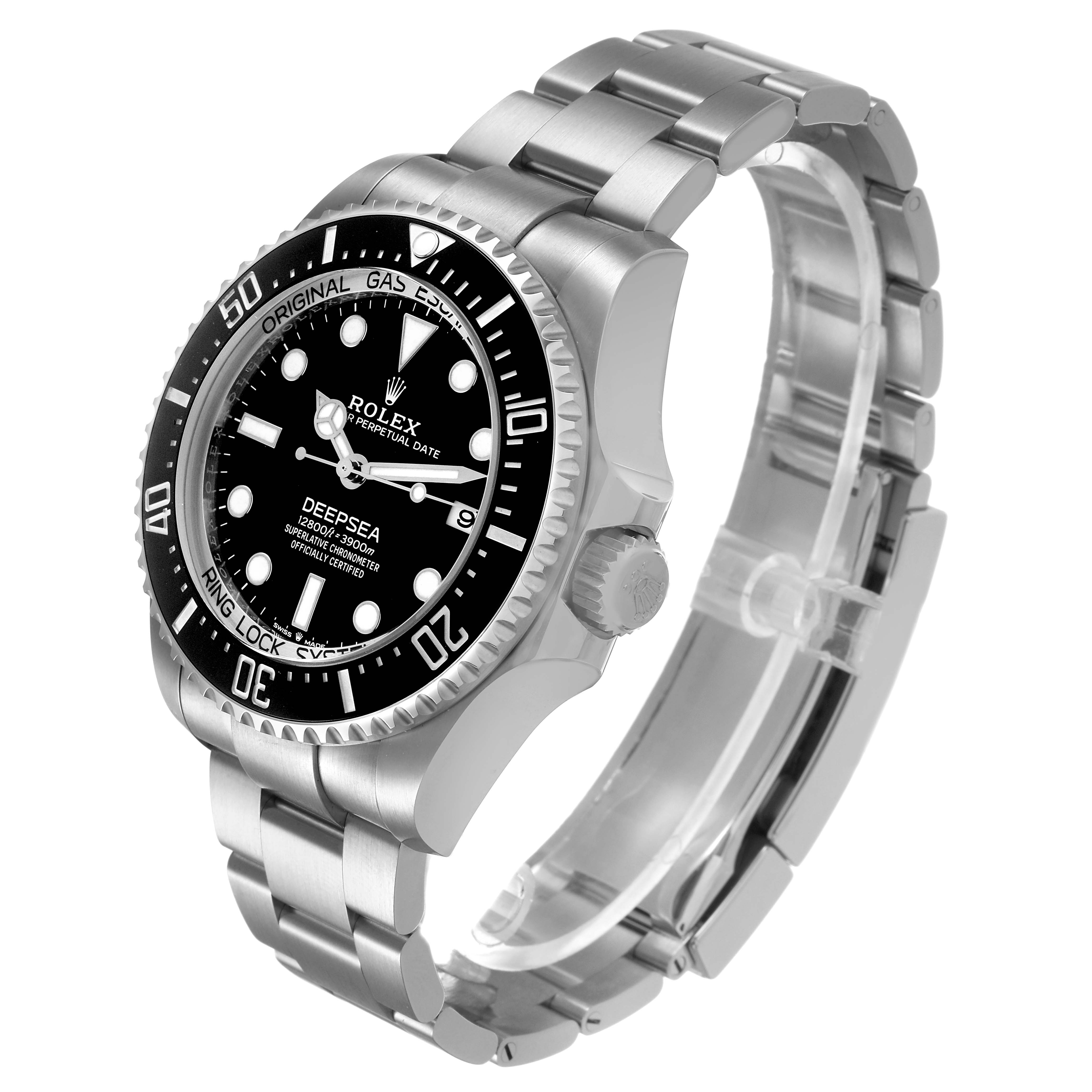 The Rolex Sea-Dweller 136660 Men's Stainless Steel Black Dial is shown at a slight angle, highlighting the face, bezel, crown, and bracelet.