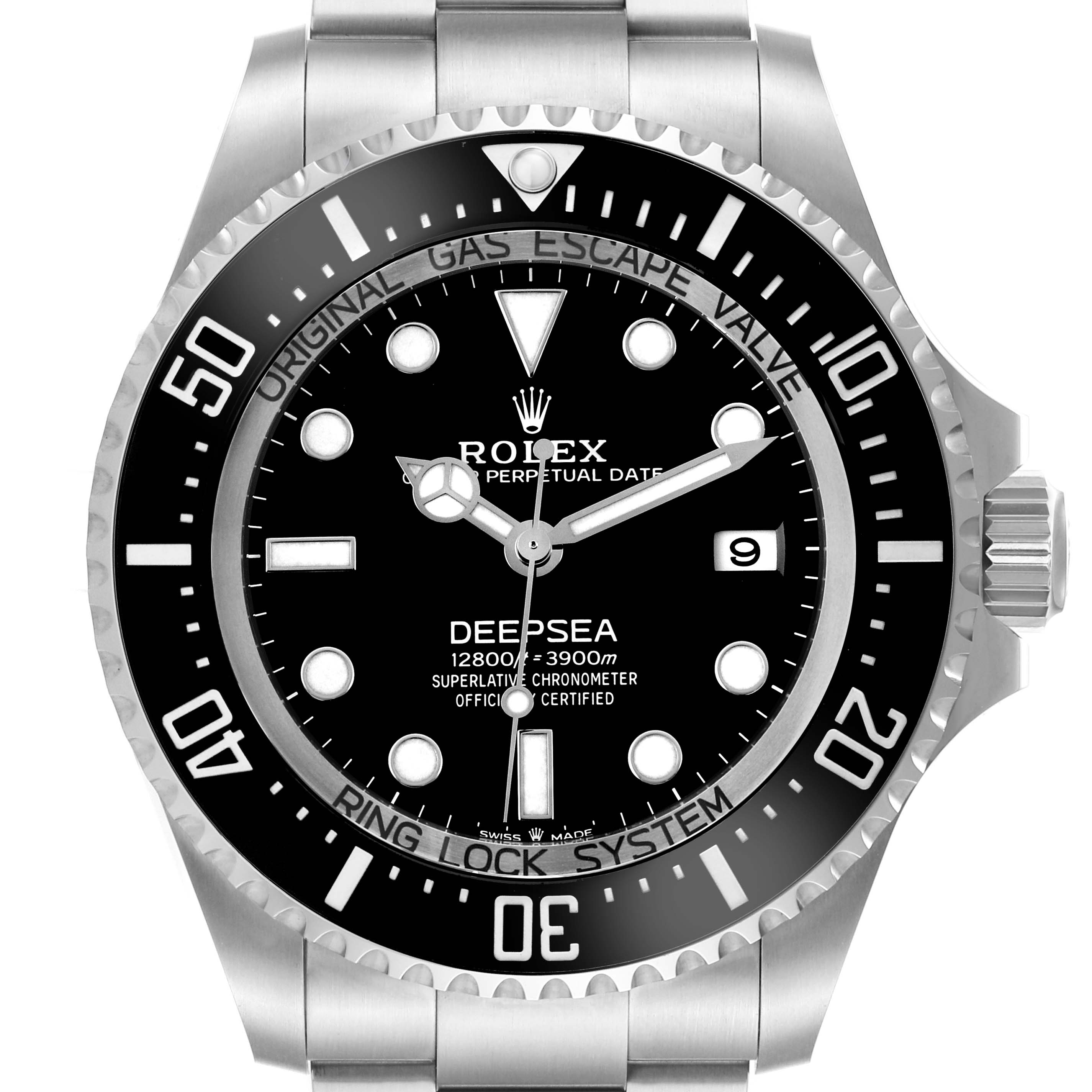 The Rolex Sea-Dweller 136660 Men's Stainless Steel Black Dial watch is shown from a frontal angle, displaying the dial, bezel, and part of the bracelet.