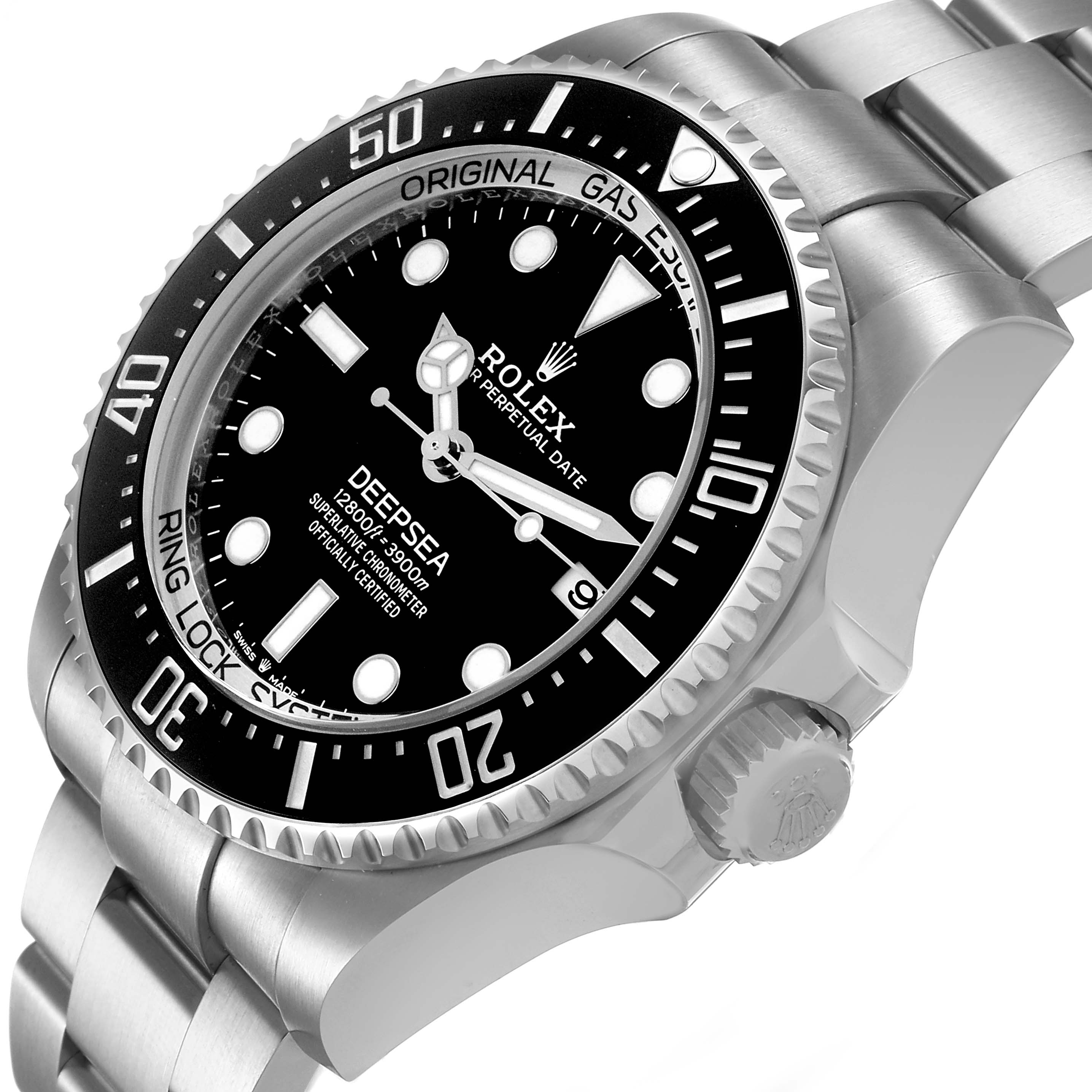 The Rolex Sea-Dweller 136660 Men's Stainless Steel Black Dial is shown at a slight side angle, highlighting its face, bezel, crown, and bracelet.
