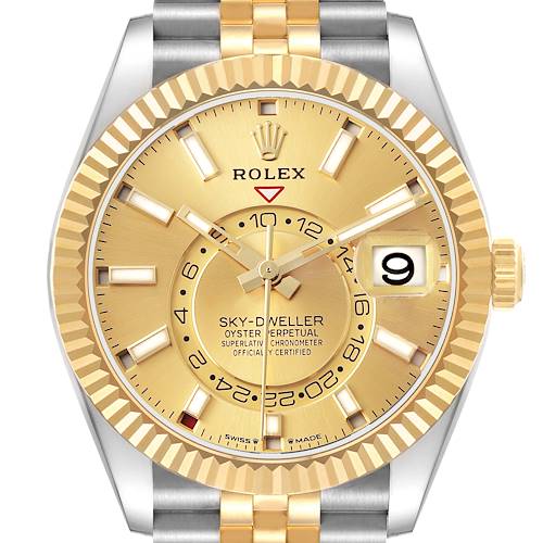The Rolex Sky-Dweller 336933 Men's Steel and Gold (two tone) Champagne Dial watch is shown from the front, featuring a gold dial, fluted bezel, and two-tone bracelet.