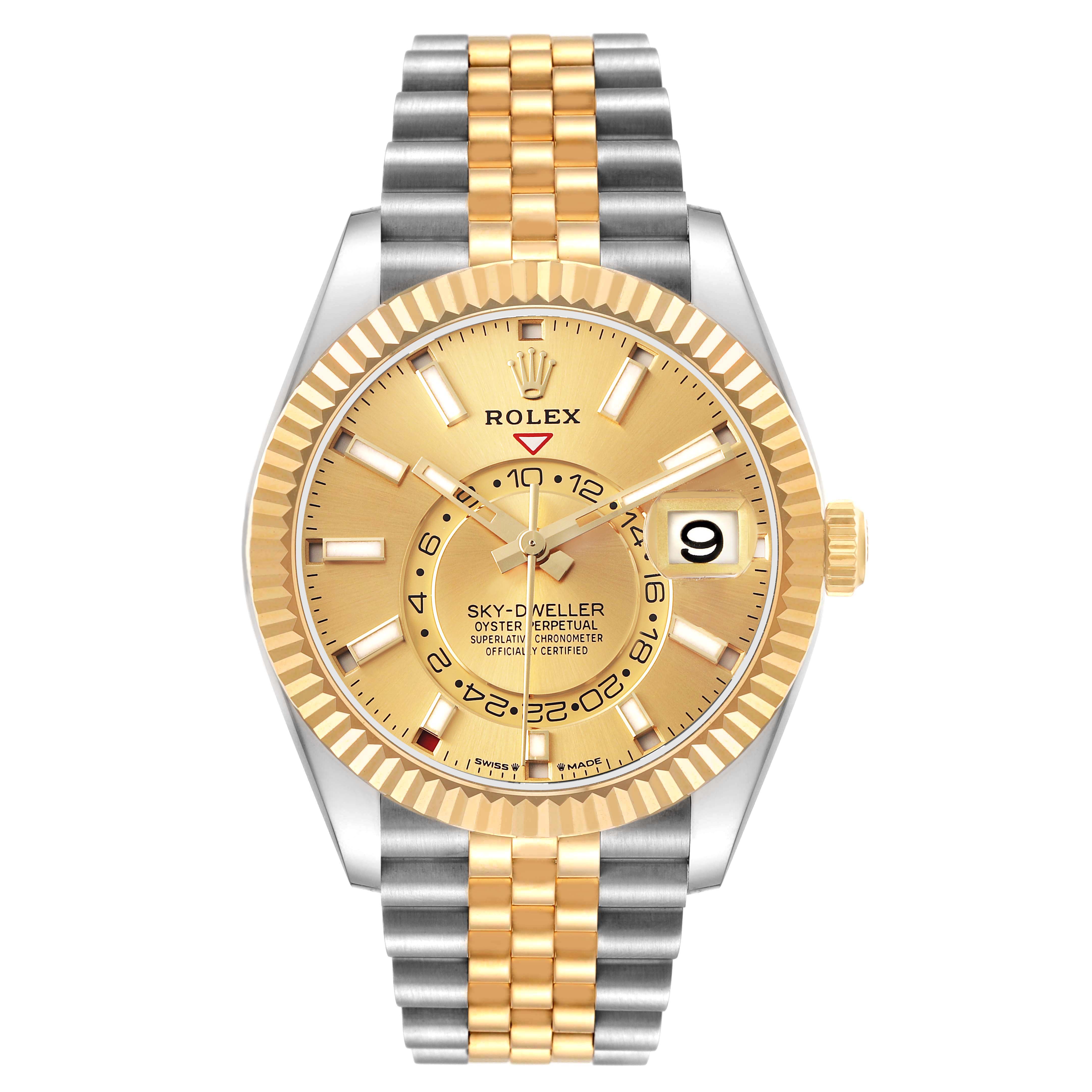 The Rolex Sky-Dweller 336933 Men's Steel and Gold (two tone) Champagne Dial watch is shown from the front, highlighting its gold dial, bezel, and two-tone bracelet.