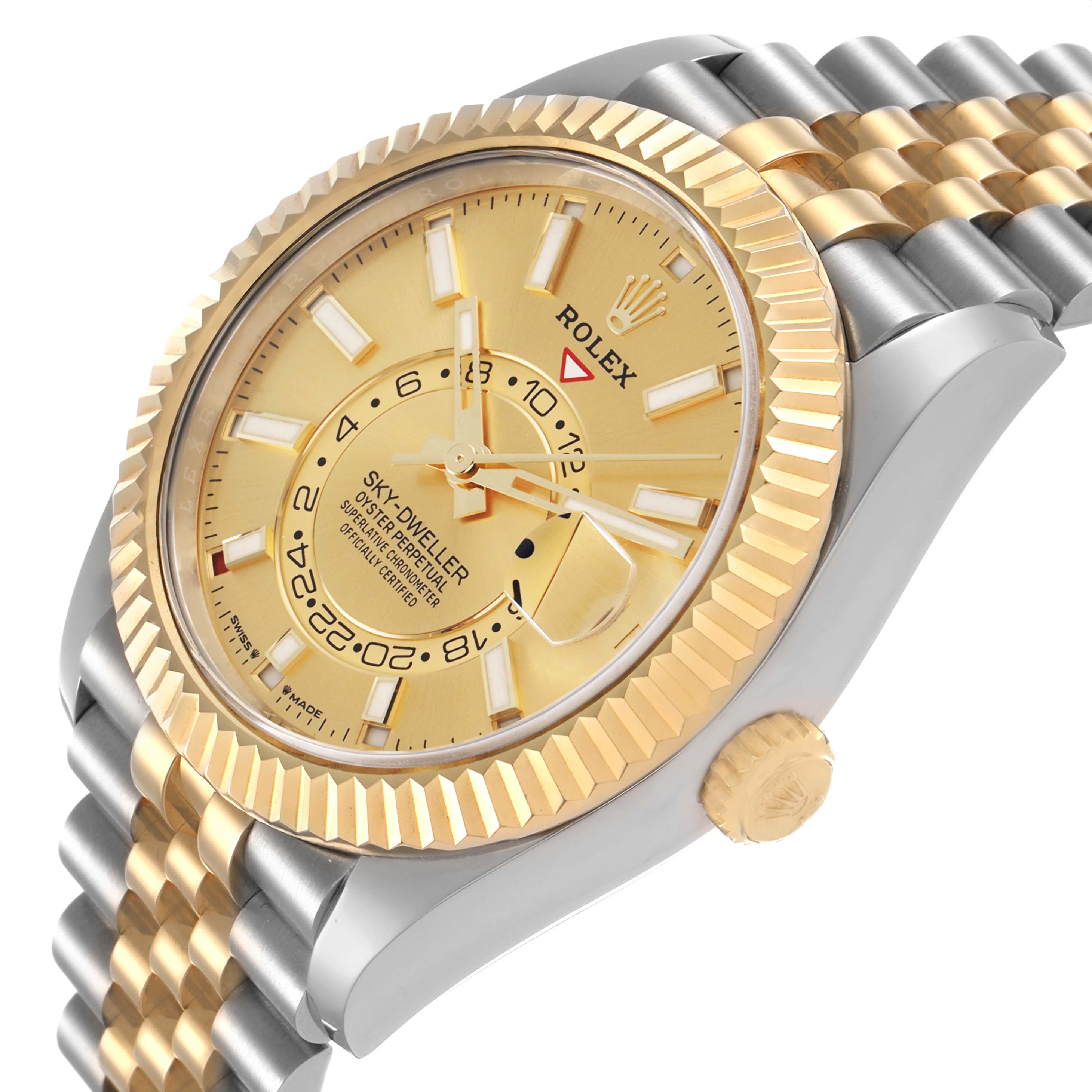 The Rolex Sky-Dweller 336933 Men's Steel and Gold (two tone) Champagne Dial watch is shown at a side-angle, highlighting its gold face, bezel, and two-tone bracelet.