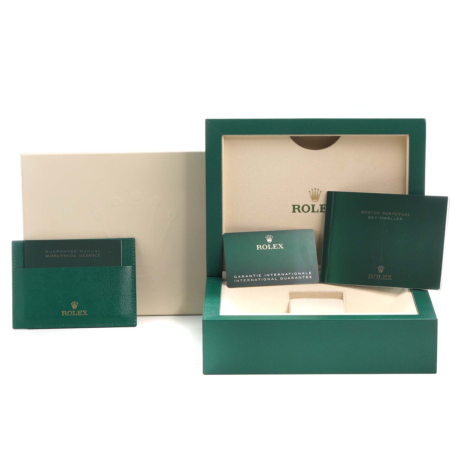 The image shows an open luxury box for the Rolex Sky-Dweller 336933 Men's Steel and Gold (two tone) Champagne Dial, including warranty cards and a manual.