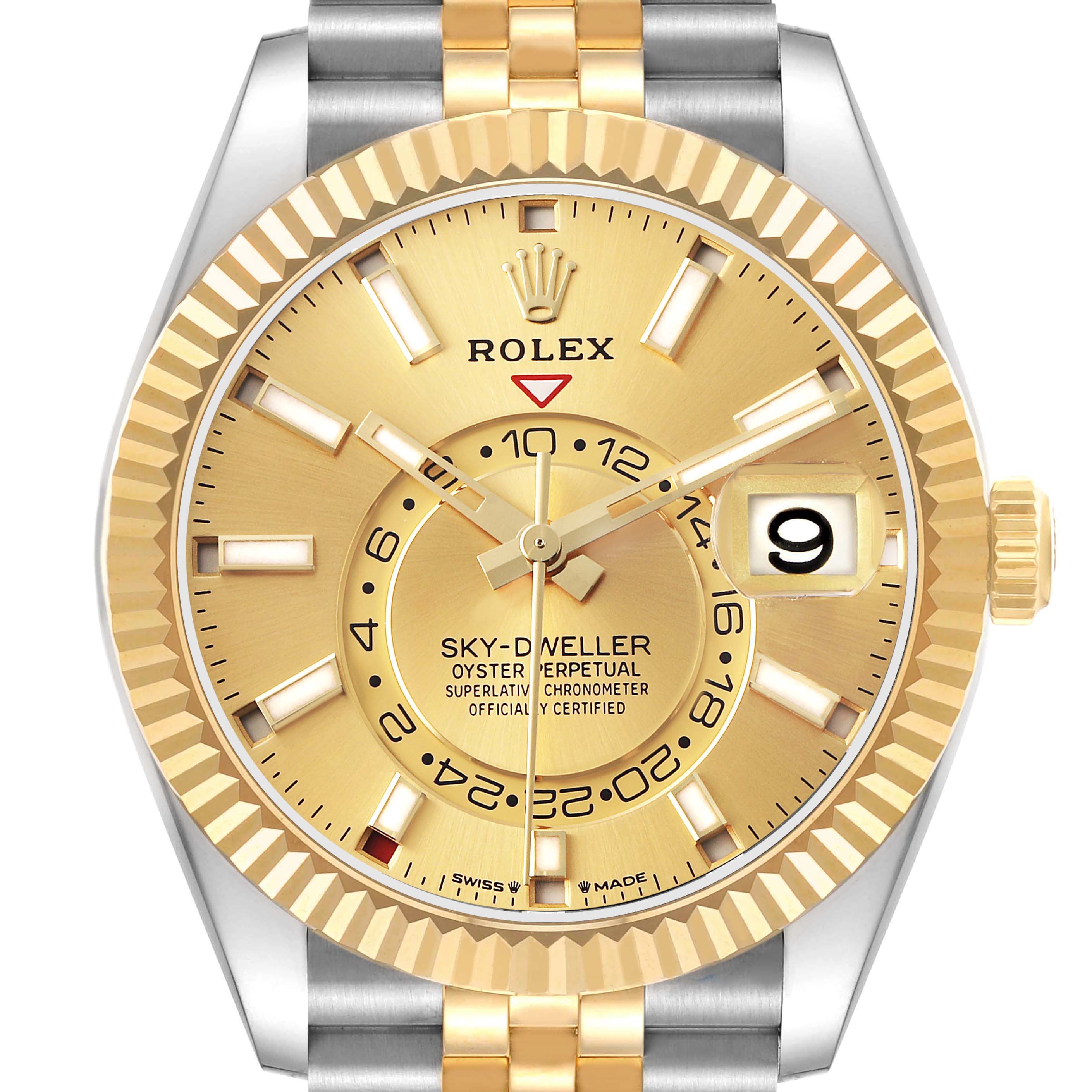 The Rolex Sky-Dweller 336933 Men's Steel and Gold (two tone) Champagne Dial watch is shown from a frontal angle, displaying its gold face, fluted bezel, and part of the two-tone bracelet.