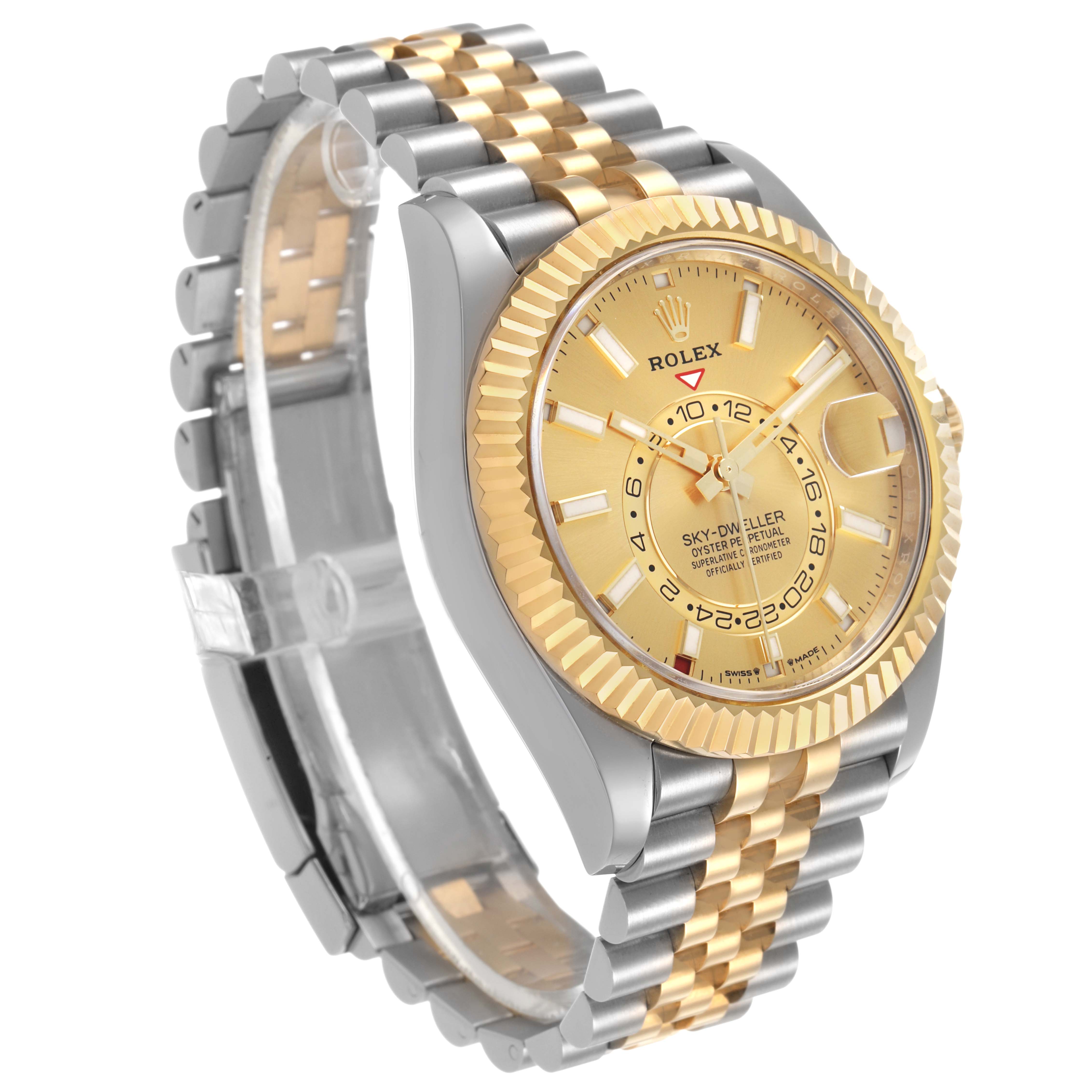 The Rolex Sky-Dweller 336933 Men's Steel and Gold (two tone) Champagne Dial watch is shown at a slight angle, highlighting the gold dial, fluted bezel, and two-tone bracelet.