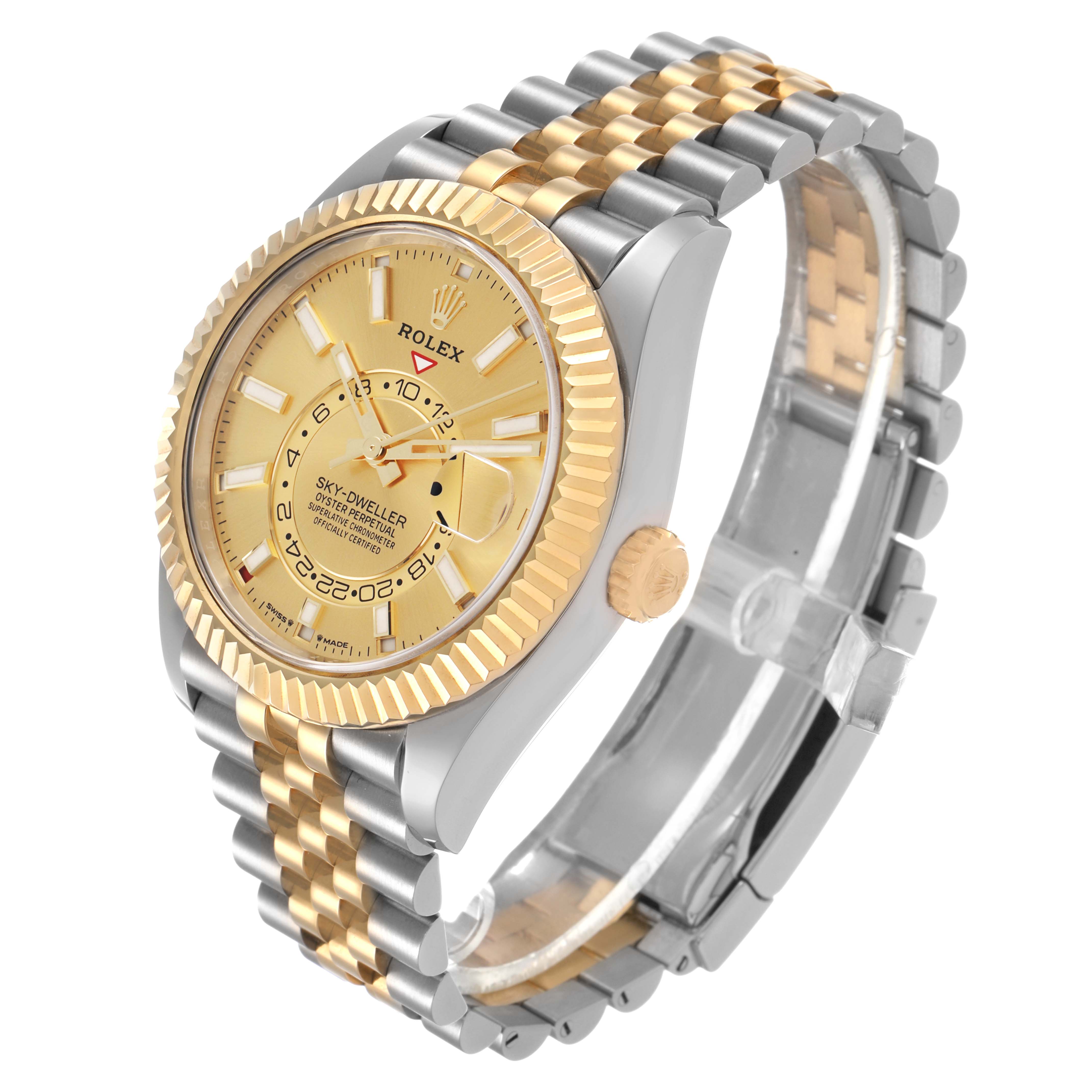 The Rolex Sky-Dweller 336933 Men's Steel and Gold (two tone) Champagne Dial is shown at a three-quarter angle highlighting the face, bezel, crown, and bracelet.