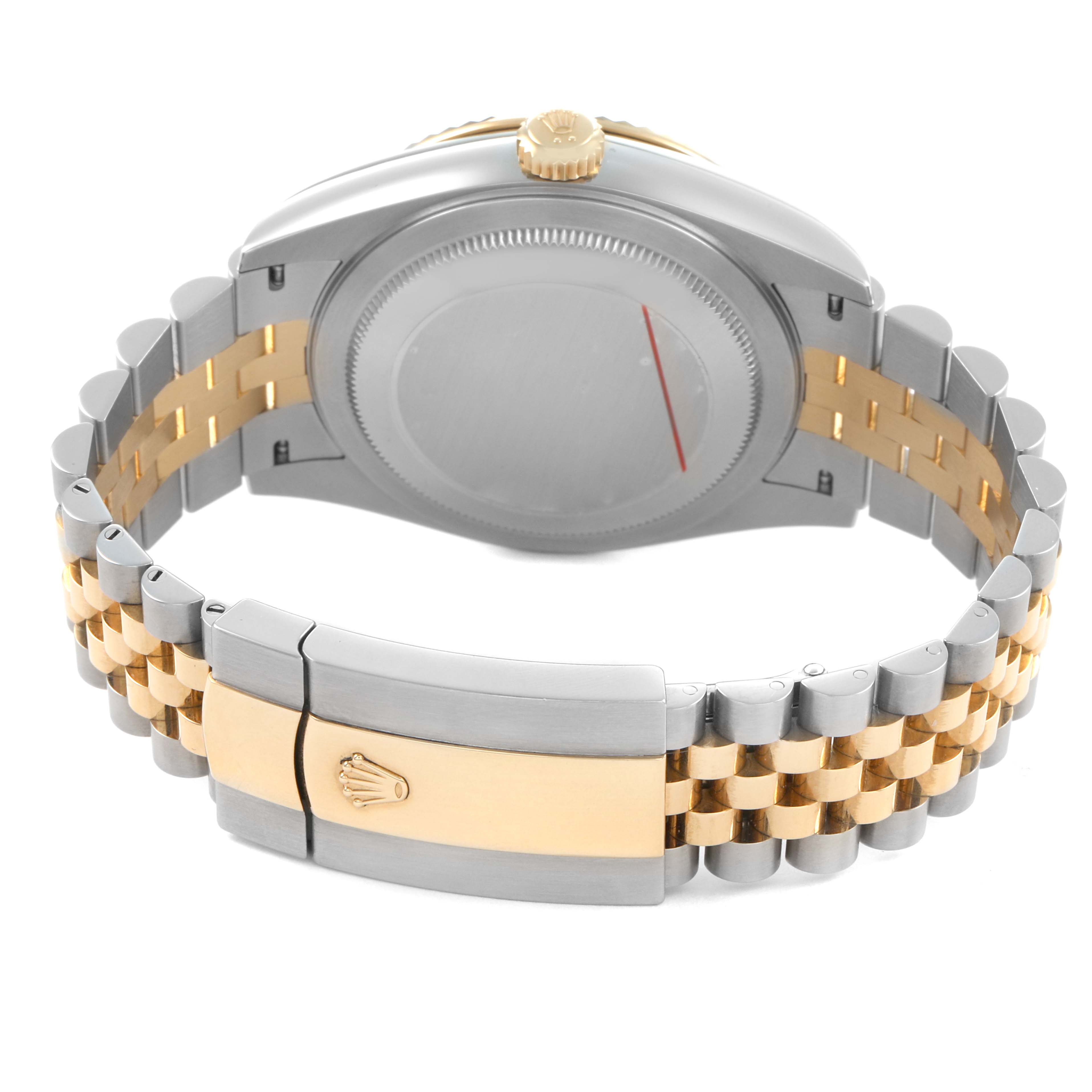 The image shows the back view of the Rolex Sky-Dweller 336933 Men's Steel and Gold (two tone) Champagne Dial, focusing on its clasp and two-tone bracelet.