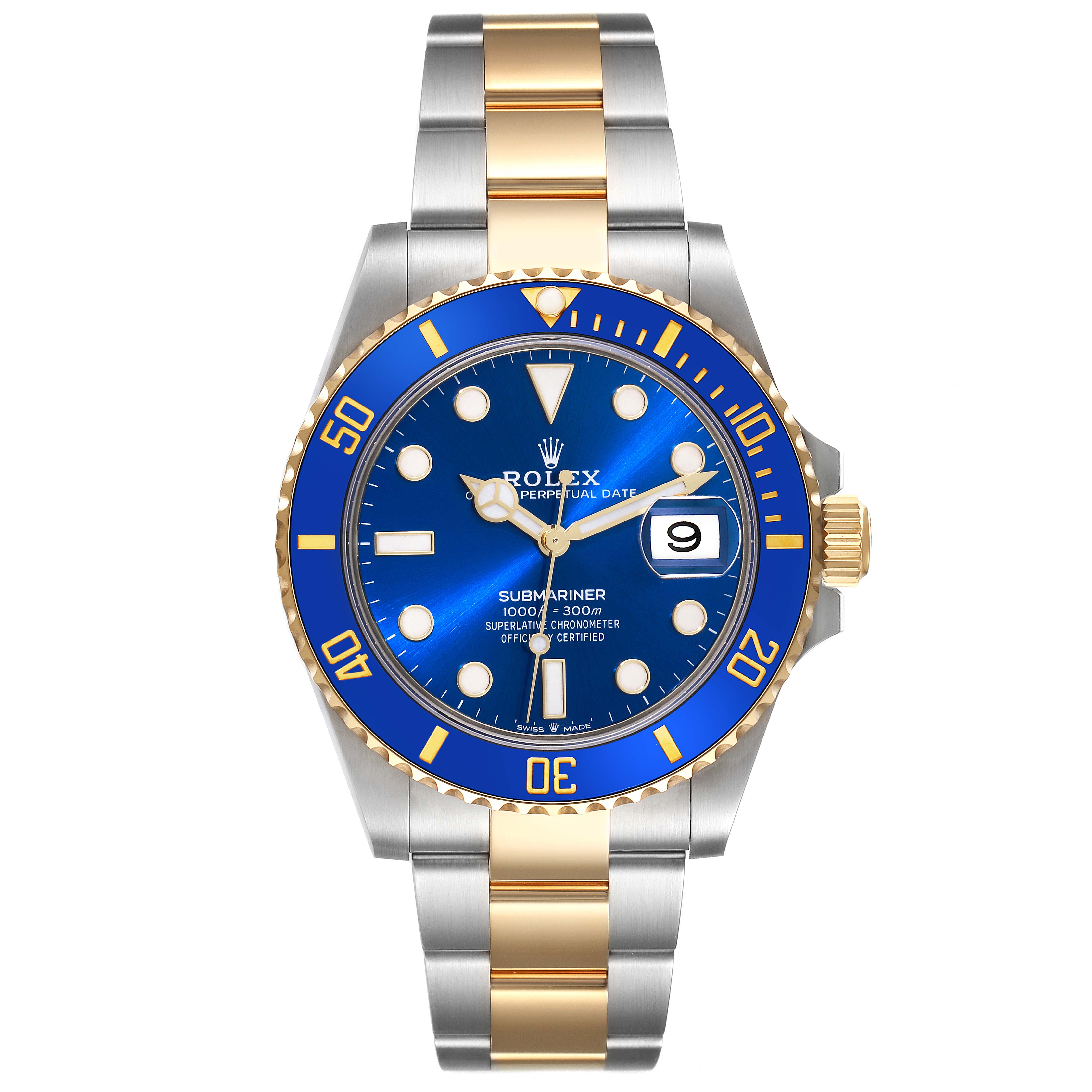 The image shows a front view of a Rolex Submariner 126613 Men's Steel and Gold (two tone) Blue Dial 126613 Men's Steel and Gold (two tone) Blue Dial watch, highlighting its blue dial, gold and silver bracelet, and date display.